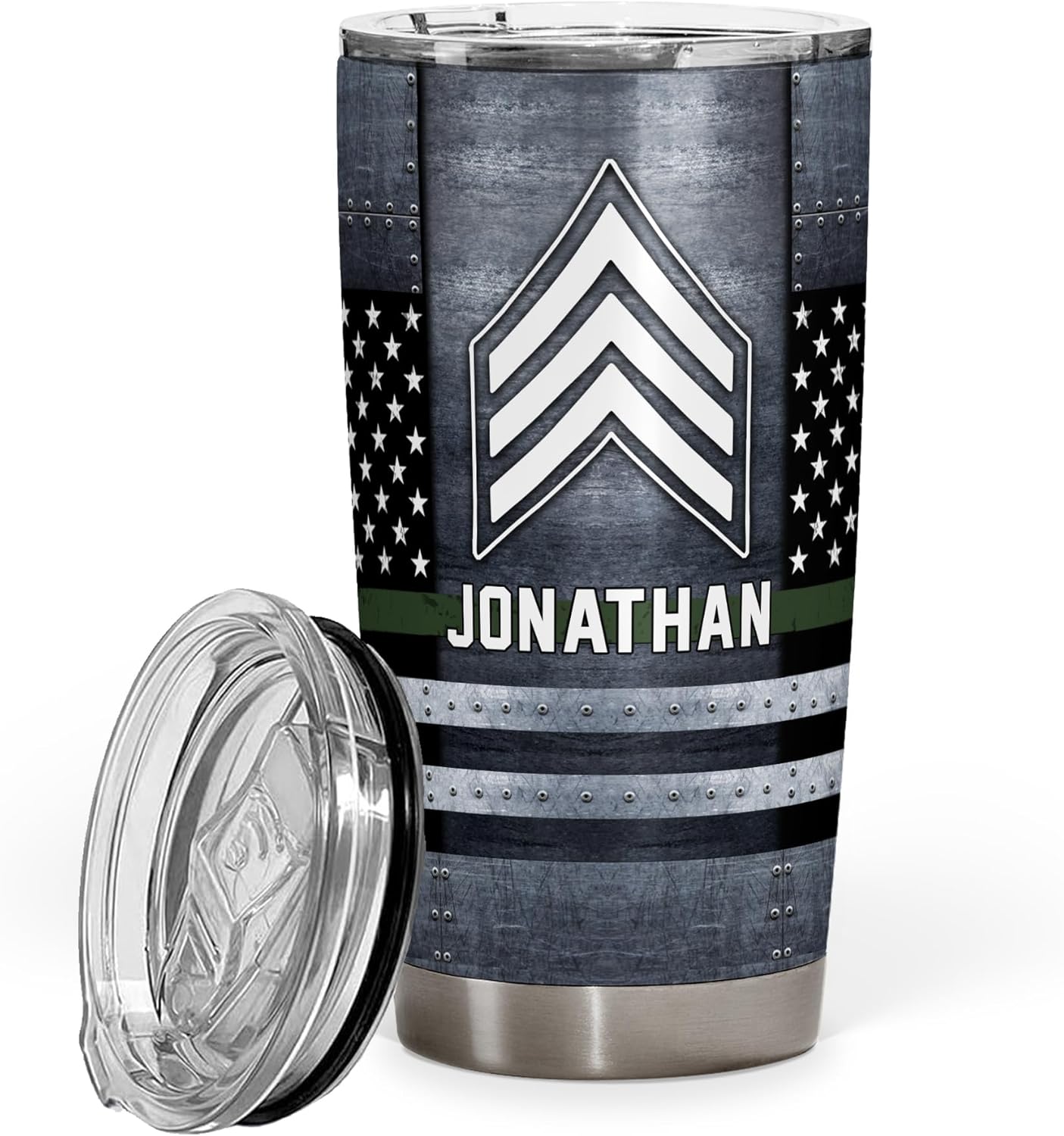 Custom Name Badge Army Tumbler - Military Soldier Veteran Thin Line American Flag Tumbler - US Army Academy Graduation Retirement Birthday Gifts - 20oz Tumbler With Lid