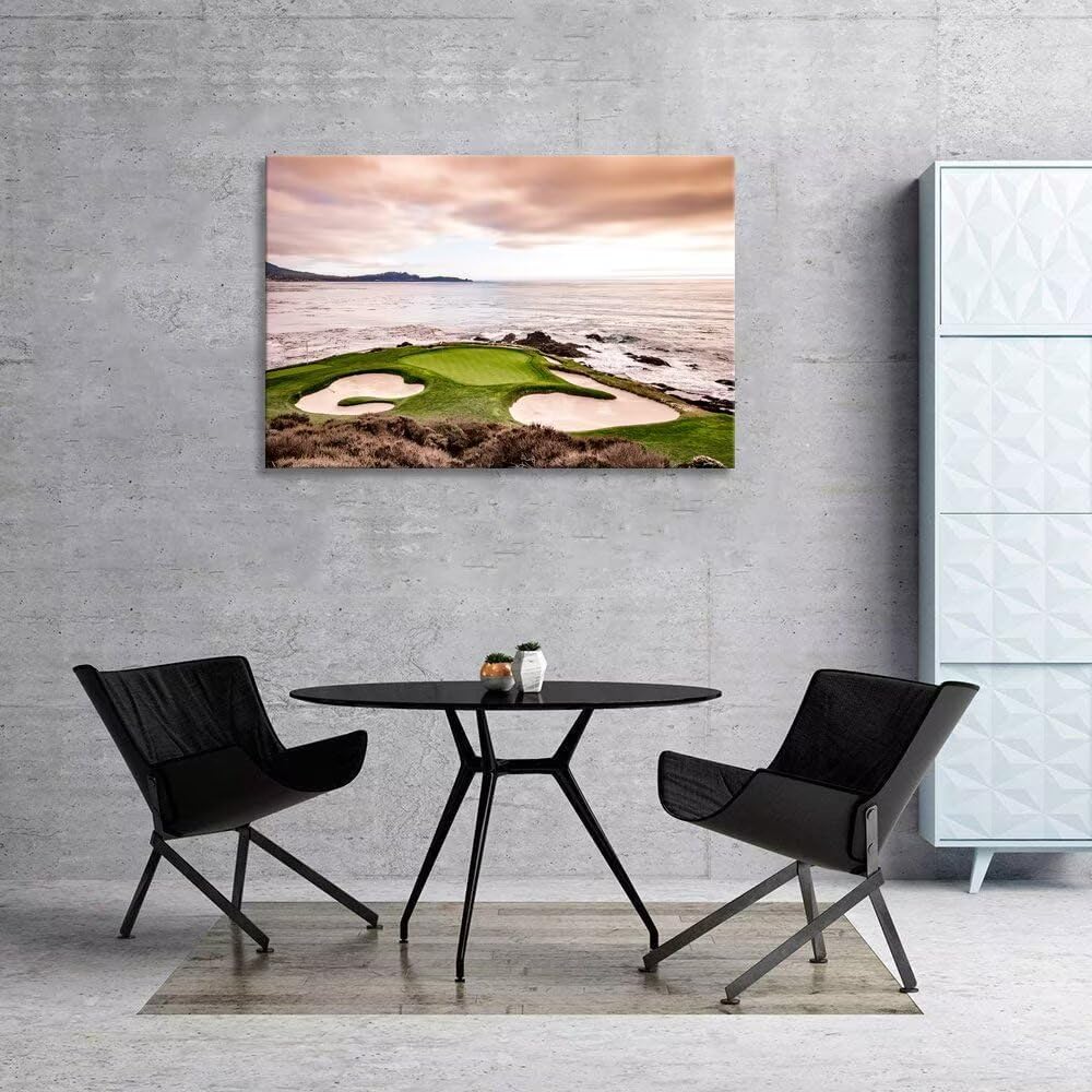 USA California Golf Course Wall Art for Living Room Bedroom Bathroom Home Decorations Coastline Golf Course Greens and Bunkers Picture Poster Framed Artwork Canvas Prints Ready to Hang(18''H x 24''W)