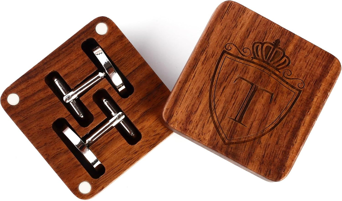 Mens Initial Silver Cufflinks A-Z Alphabet Letter Steel Cuff Links with Engraved Walnut Wood Box Groom Groomsman Wedding Set…