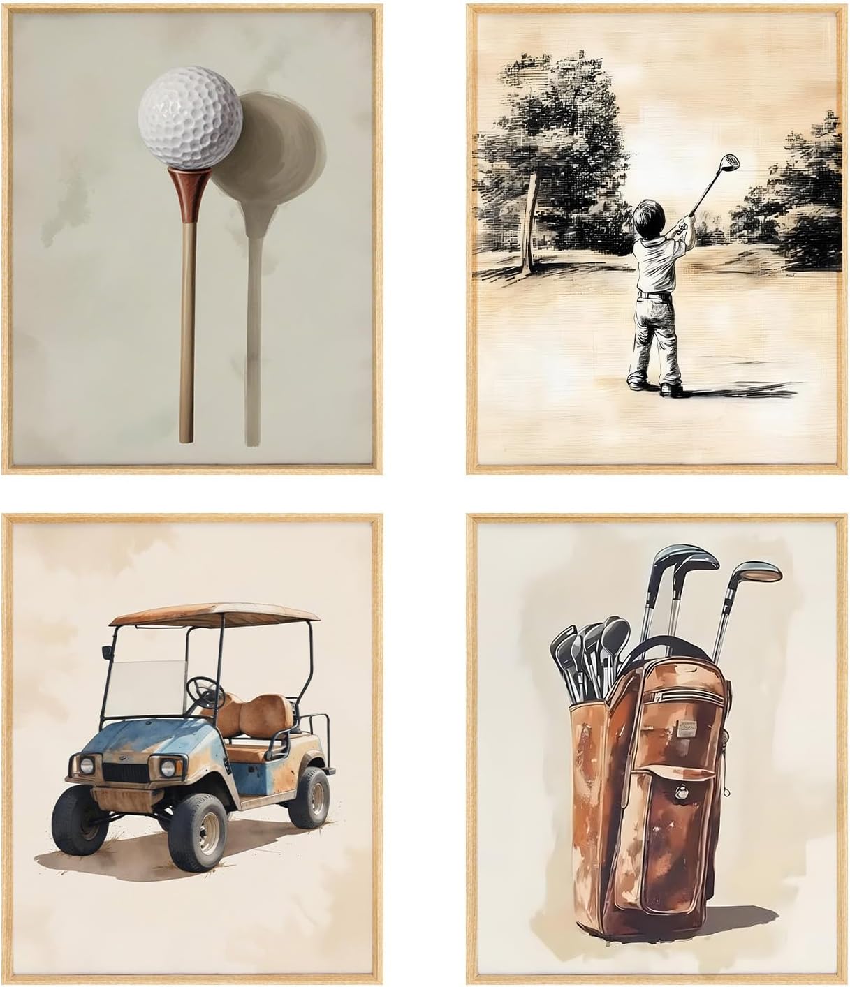 BRRNYOI Golf Nursery Wall Art Posters Set of 4, Sports Room Decor for Boys, Vintage Golf Club Course Cart Canvas Prints Wall Decor for Kids Boy Teen Bedroom Dorm Playroom, 8x10 Unframed
