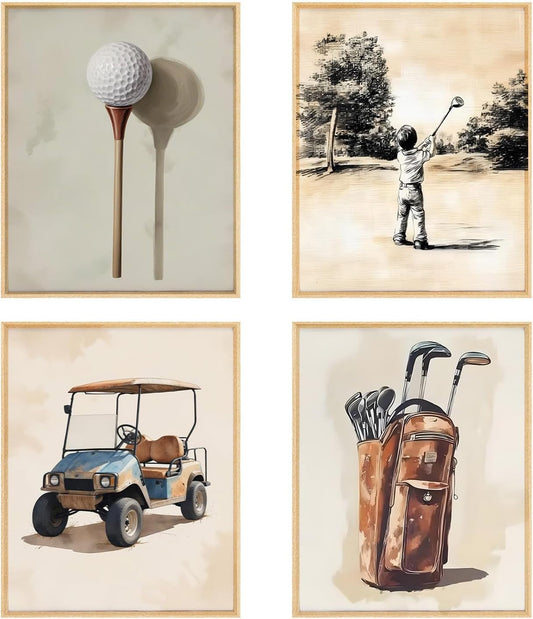 BRRNYOI Golf Nursery Wall Art Posters Set of 4, Sports Room Decor for Boys, Vintage Golf Club Course Cart Canvas Prints Wall Decor for Kids Boy Teen Bedroom Dorm Playroom, 8x10 Unframed
