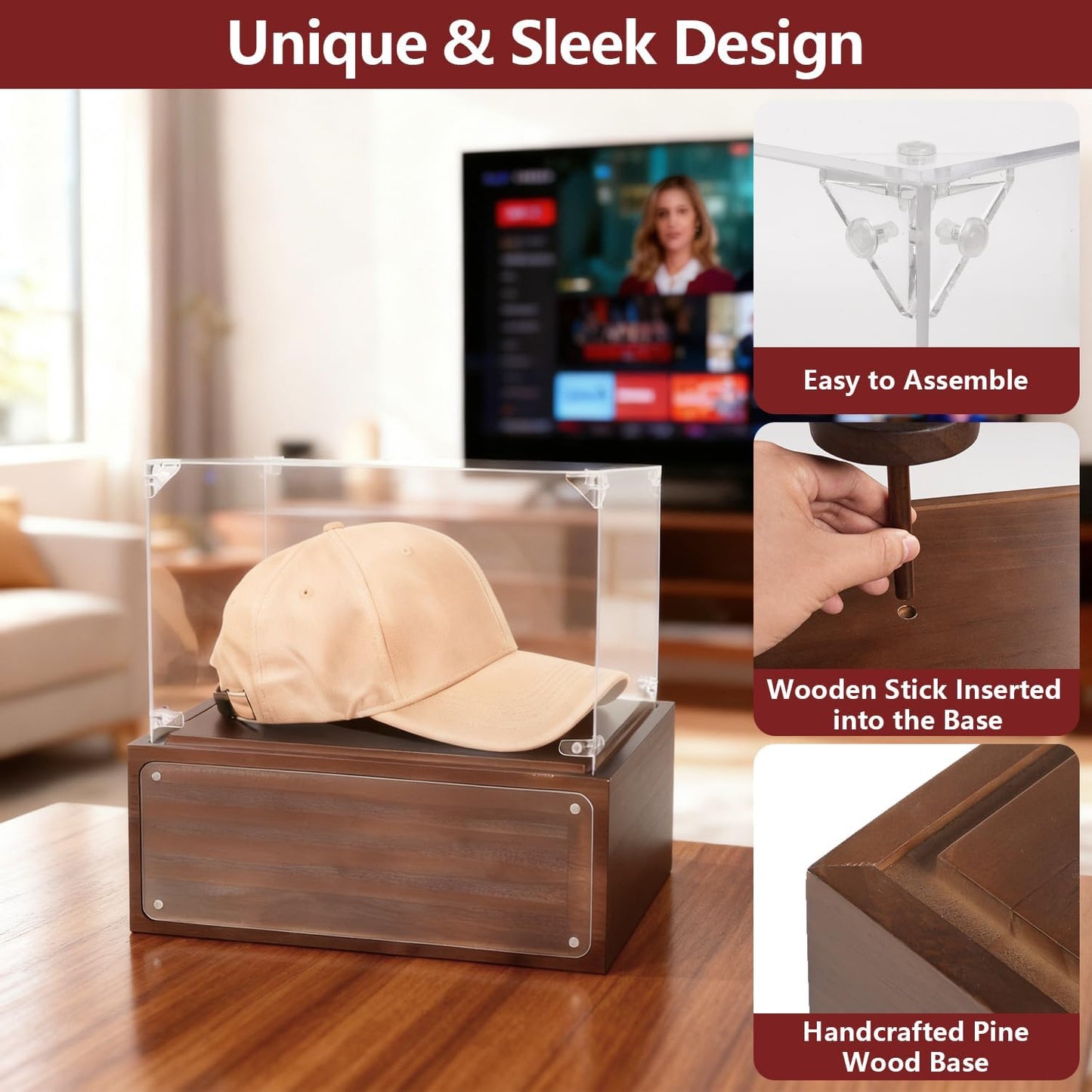 Baseball Hat Display Case, Uv Protection Signed Hat Transparent Showcase, Clear Acrylic Sport Cap Holder Stand Display Box with Solid Wood Base Risers, Ideal Gift for Cap Collector