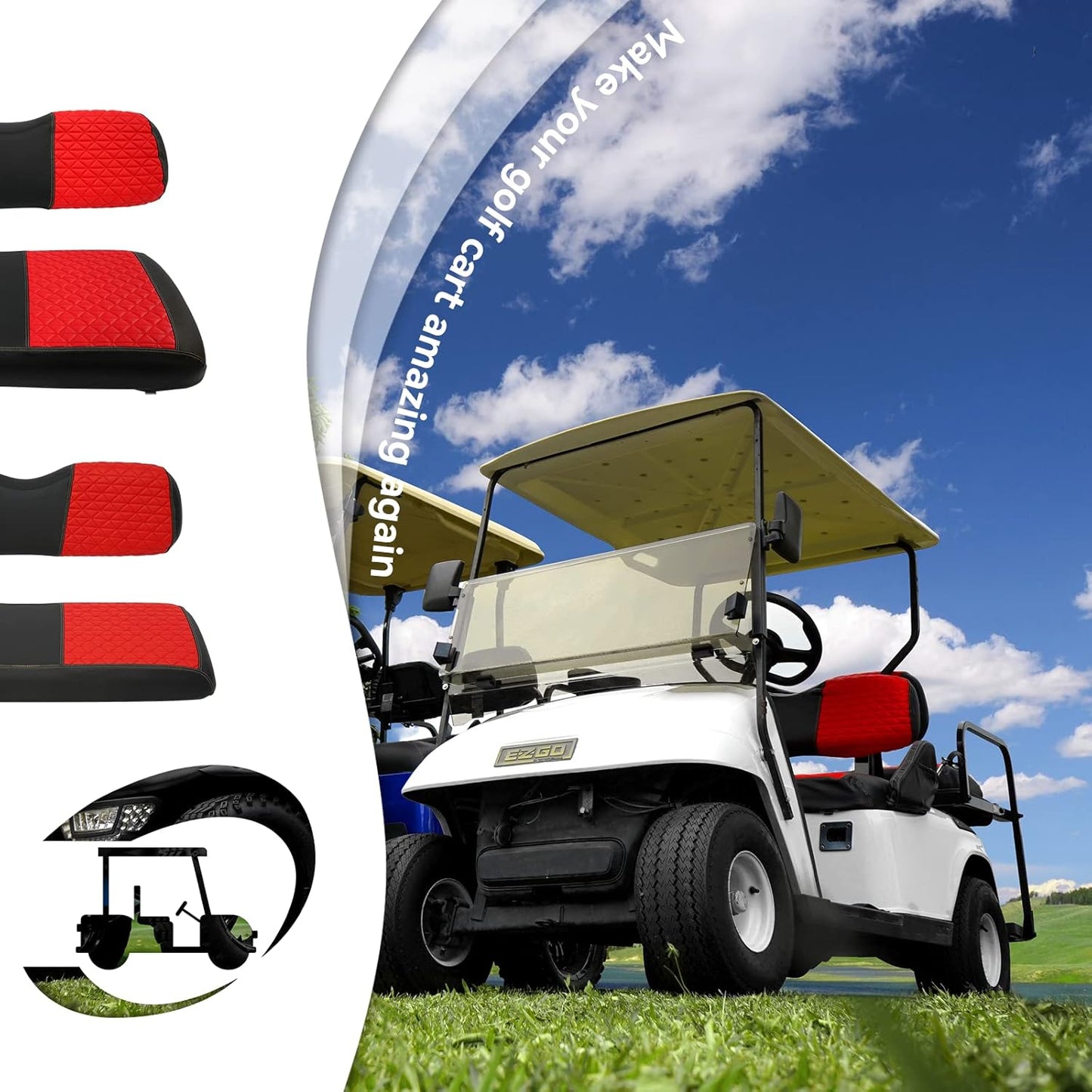 XUANYUDG0769 Golf Cart Front and Rear Seat Covers for EZGO TXT/RXV Club Car DS/Precedent Yamaha G29, Vinyl Leather Made/Adjustable Straps and Retractable Buckle/No Stapler Required,4PCS