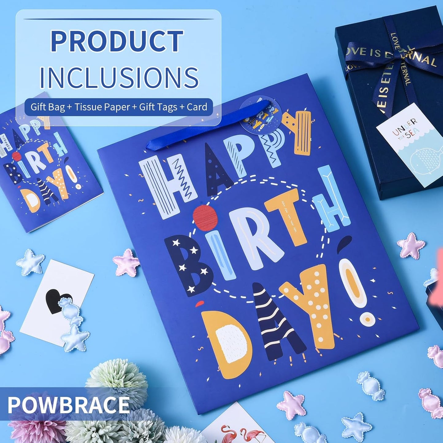 13" Blue Happy Birthday Bag with Tissue Paper and Greeting Card for Party,Happy Birthday Gift Bag for Kids, Boys, Girls, Baby Boy,Men Women,Gift Bags Medium size (2 PCS Blue, Kids Gift Bag)