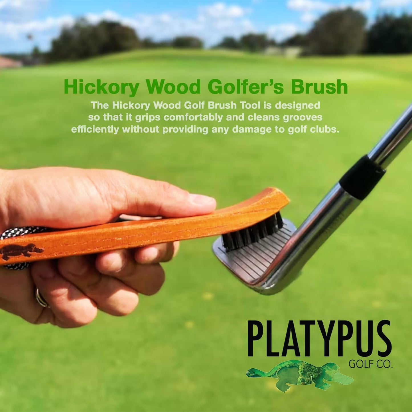 Platypus Golf Co. Hickory Wood Golf Club Brush & Non-Slip Groove Cleaner with Stiff Nylon Bristles, Paracord Rope & Stainless Steel Metal Clip, for Cleaning Grooves on Clubs, Fits Any Golfer's Bag