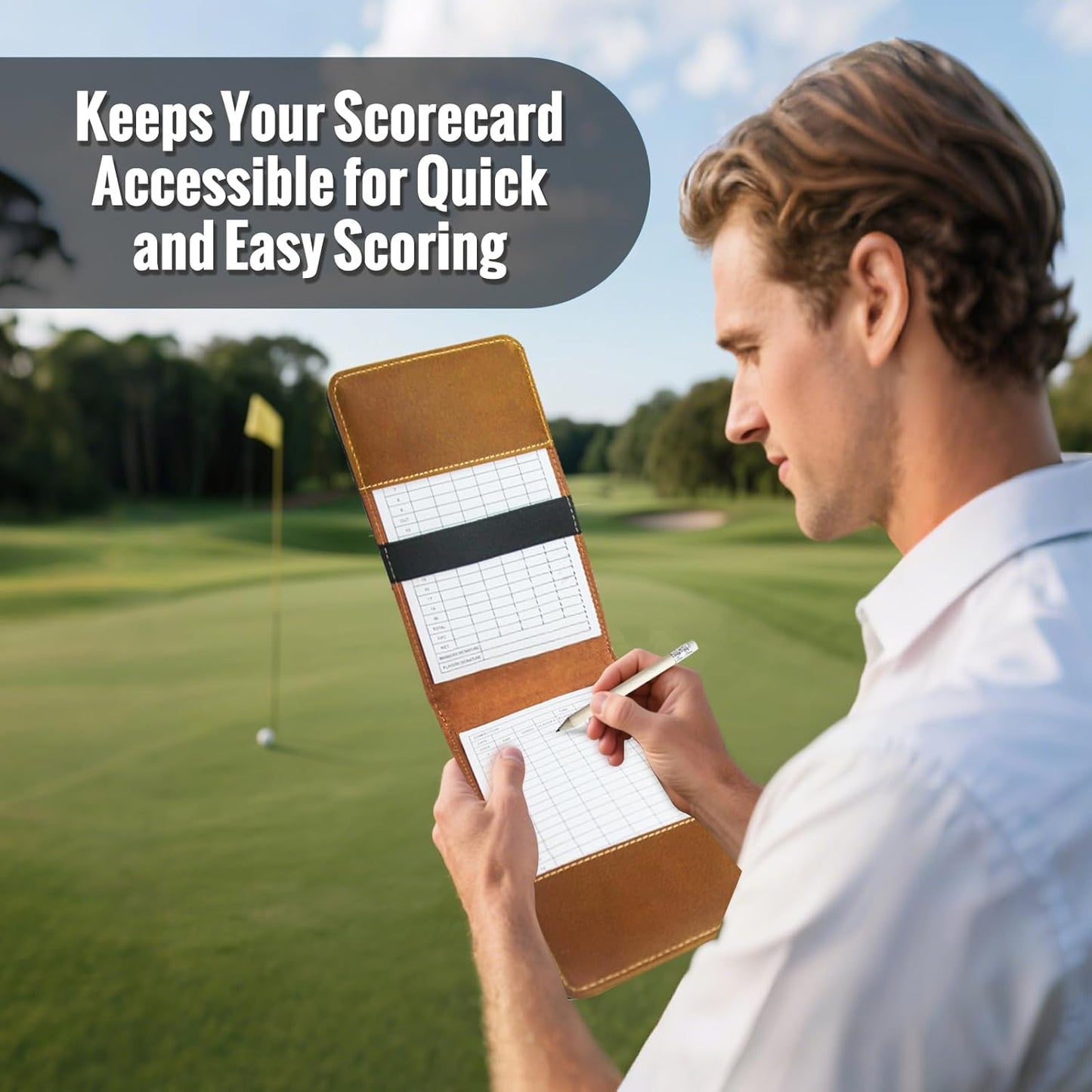 Leather Golf Scorecard Holder: USA Genuine Crazy Horse Leather Golf Yardage Book Cover with 1 Scorecard 1 Pencil Golf Notebook Back Pocket Cool Golf Gifts for Him Golfers Men