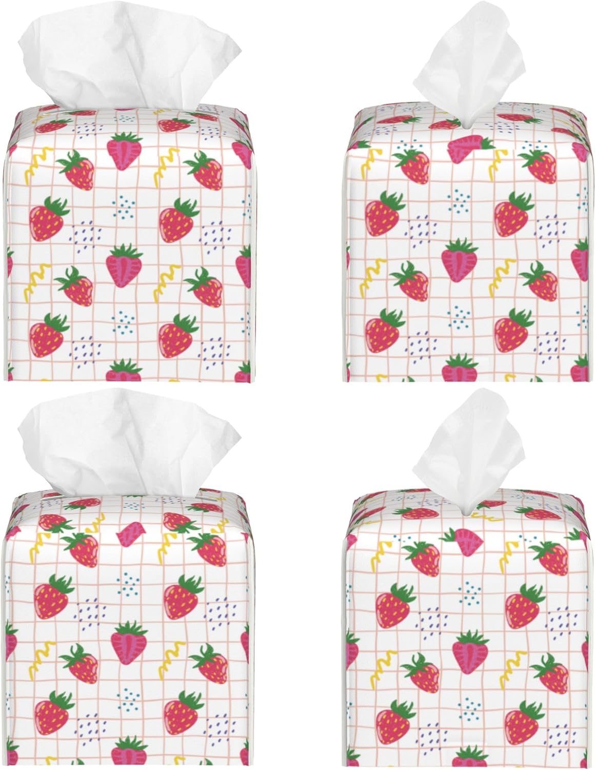 Cute Pink Strawberries Tissue Box Cover Square,Cartoon Strawberry Fruits Tissue Box Holder Waterproof Leather Facial Paper Organizer Dispenser for Bathroom Home Car Nightstand Vanity Desk