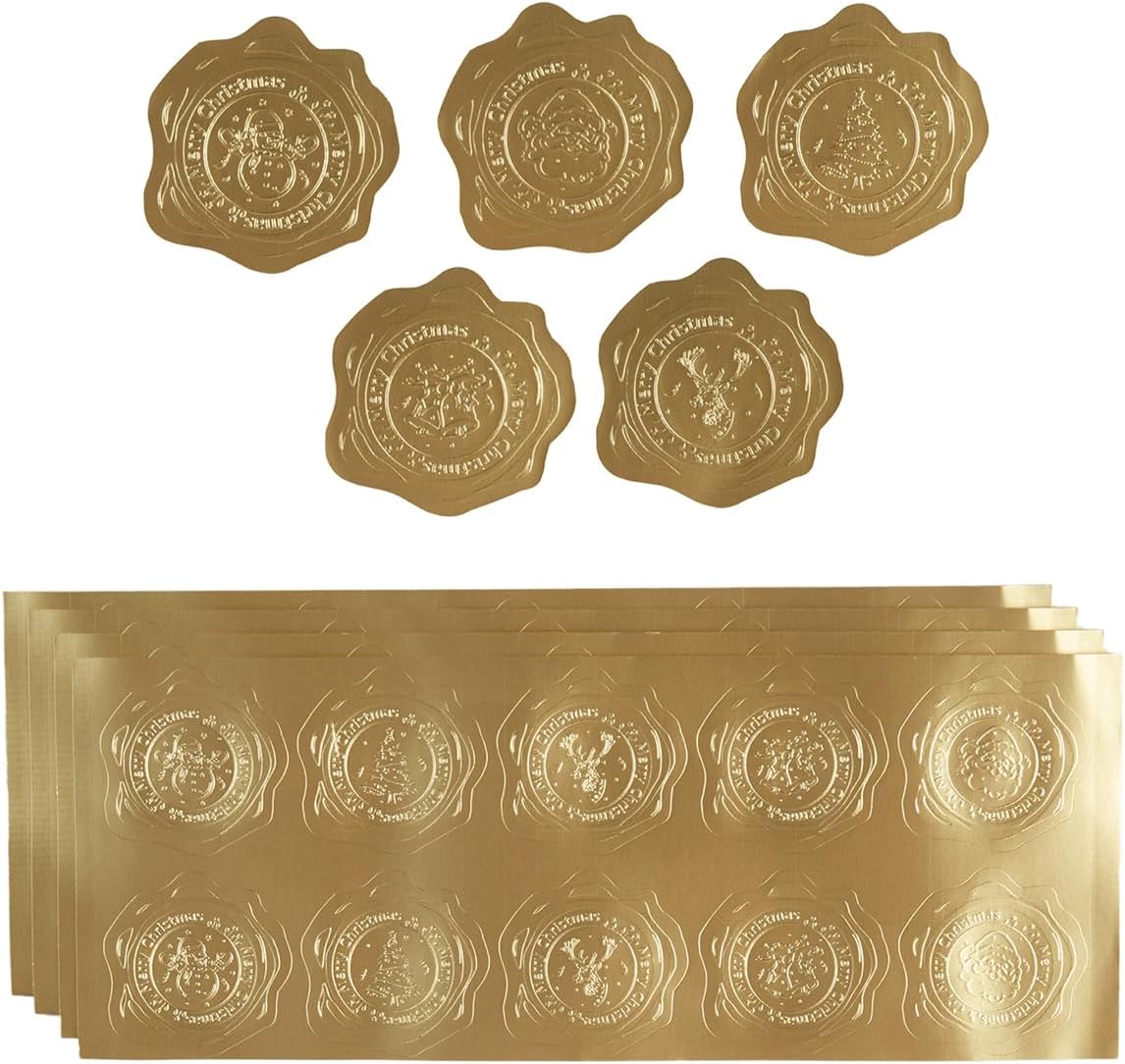 300 Pieces Embossed Gold Foil Stickers Gold Stickers for Envelopes, Wedding Invitations, Christmas Greeting Cards Envelopes (Gold Christmas)