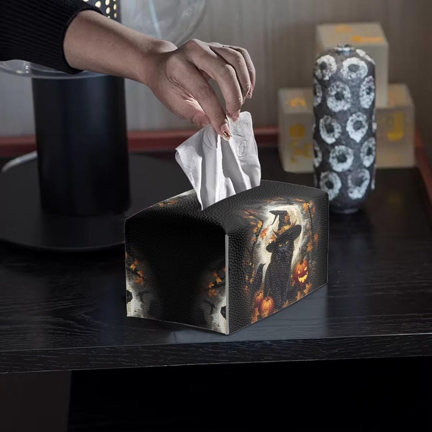Fall Rectangle Tissue Box Cover with Storage Black Cat Pumpkin Print Tissue Holder for Bathroom Gothic Tissue Box Holder for Home, Car, Hotel, Office Easy to Clean
