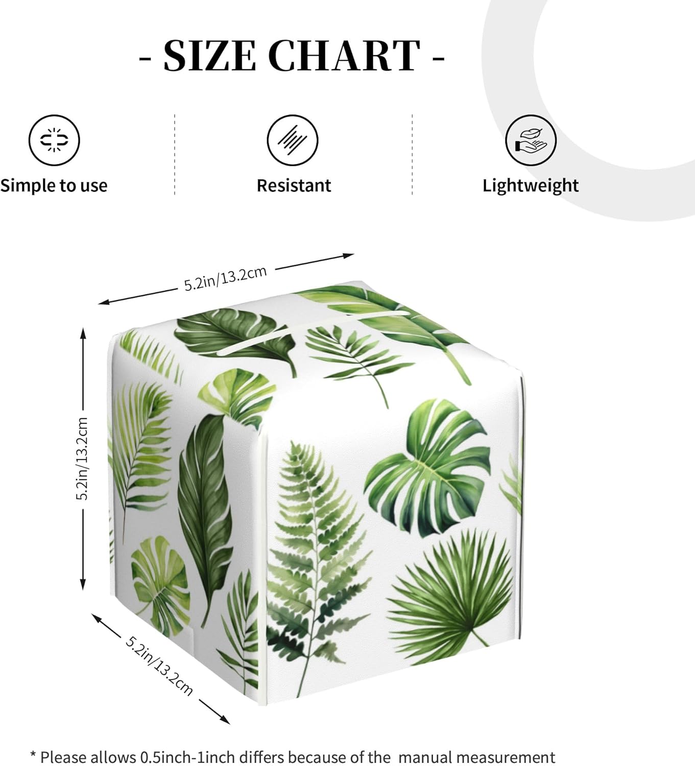 Green Tropical Leaves Tissue Box Cover Square,Watercolor Plant Palm Leaves Tissue Box Holder Waterproof Leather Facial Paper Organizer Dispenser for Bathroom Home Car Nightstand Vanity Desk