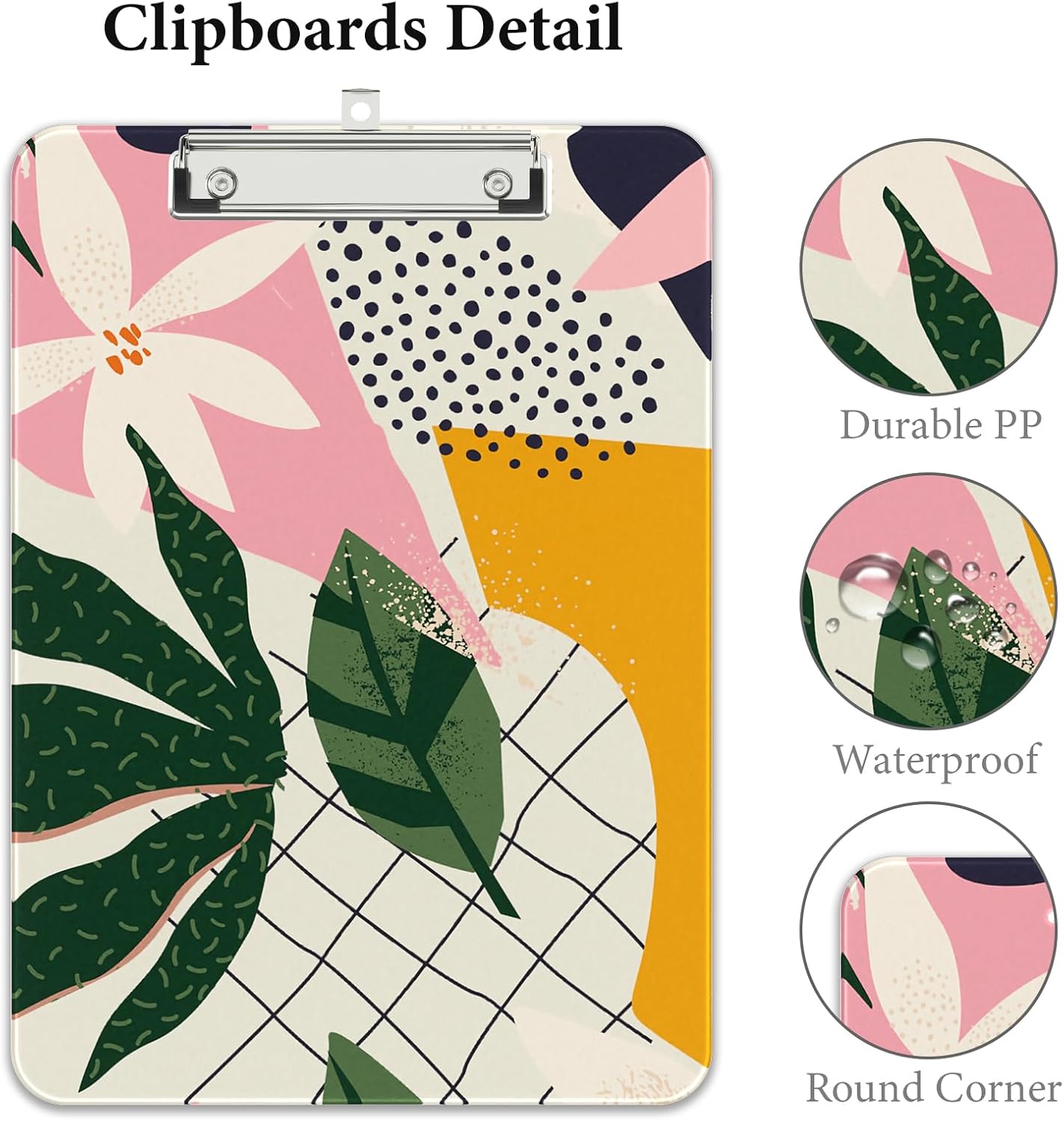 Rimilak Plastic Clipboards with Metal Clip, A4 Letter Size 9 x 12.5 in, Office Decorative for Students Women Men and Kids, Cute Custom Pattern, Abstract Leaves