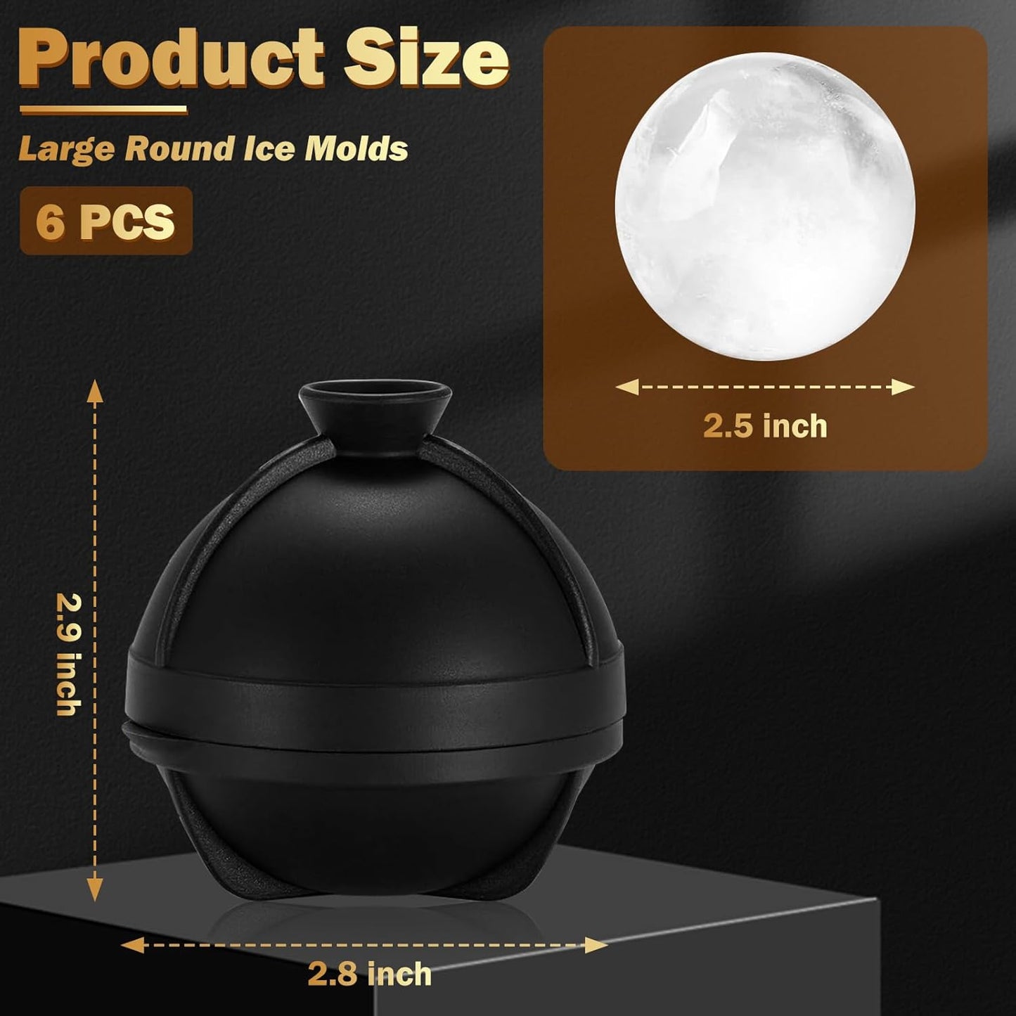 6 Pack 3D Sphere Ice Molds 2.5 Inch Large Silicone Round Ice Cube Molds Novelty Ice Ball Molds Gifts Stuff for Cocktails, Bourbon, Brandy, Whiskey Christmas Gifts (6, Round)