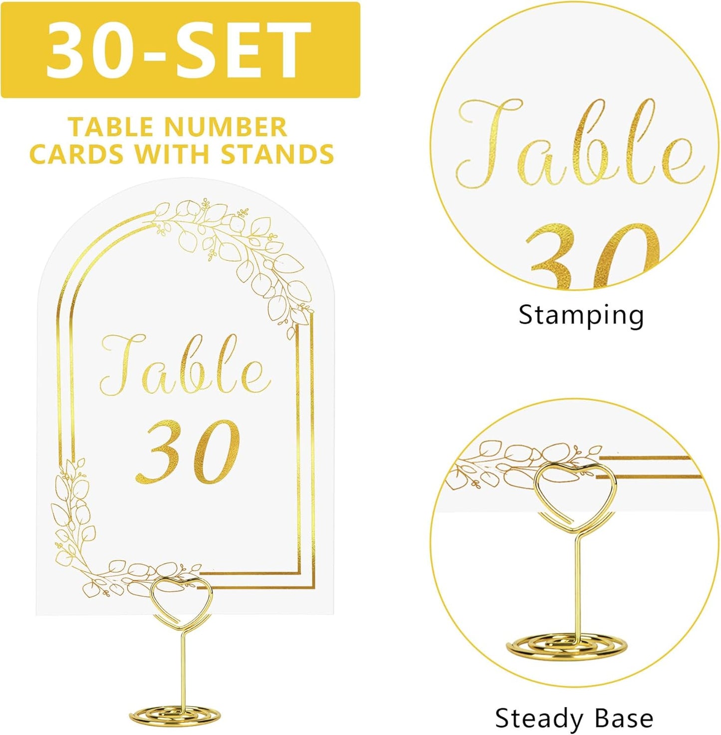 JOYIT Wedding Table Numbers 1-30 with 30 Heart Holders, White Gold Cards & Place Card Holders, 4" x 6" for Wedding & Birthday