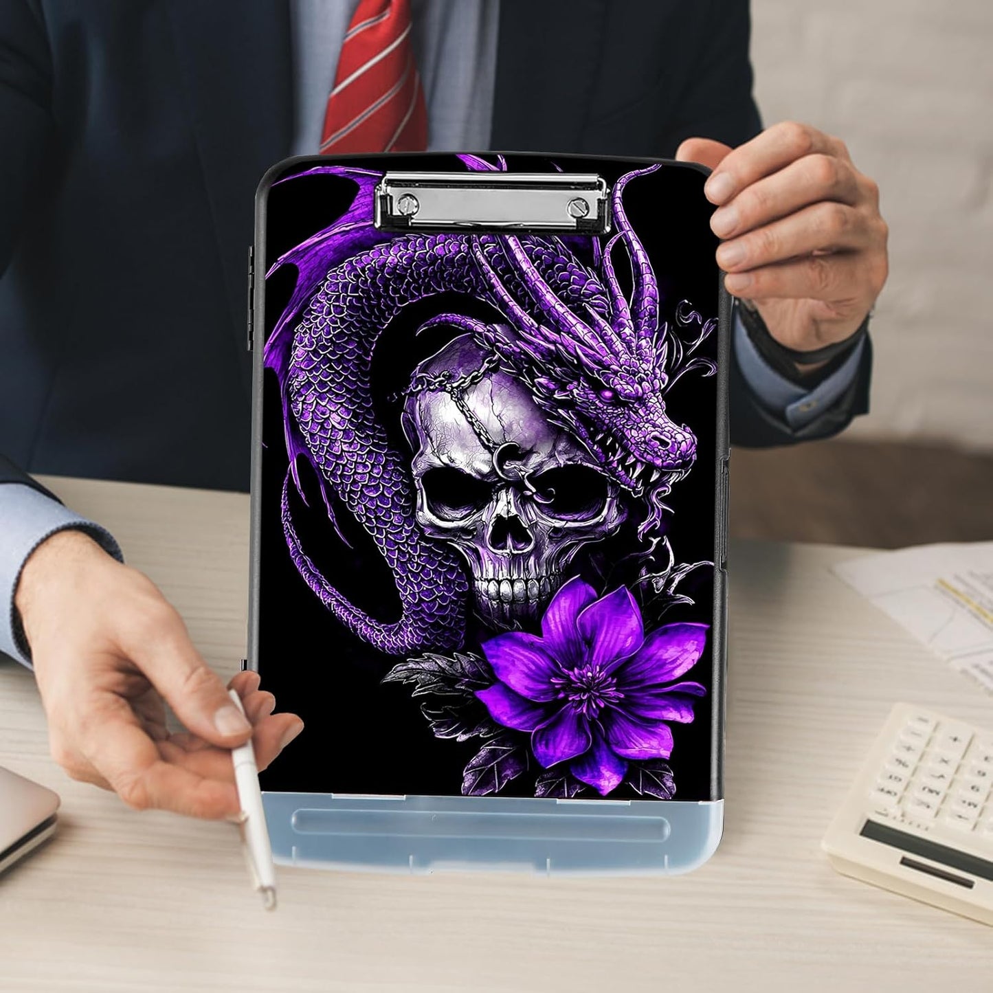 Clipboard with Storage - Large Capacity,Nursing Clipboard with Pen Holder,Heavy Duty,Plastic Side-Opening Folder for Teacher,Nurse - Purple Dragon Skull