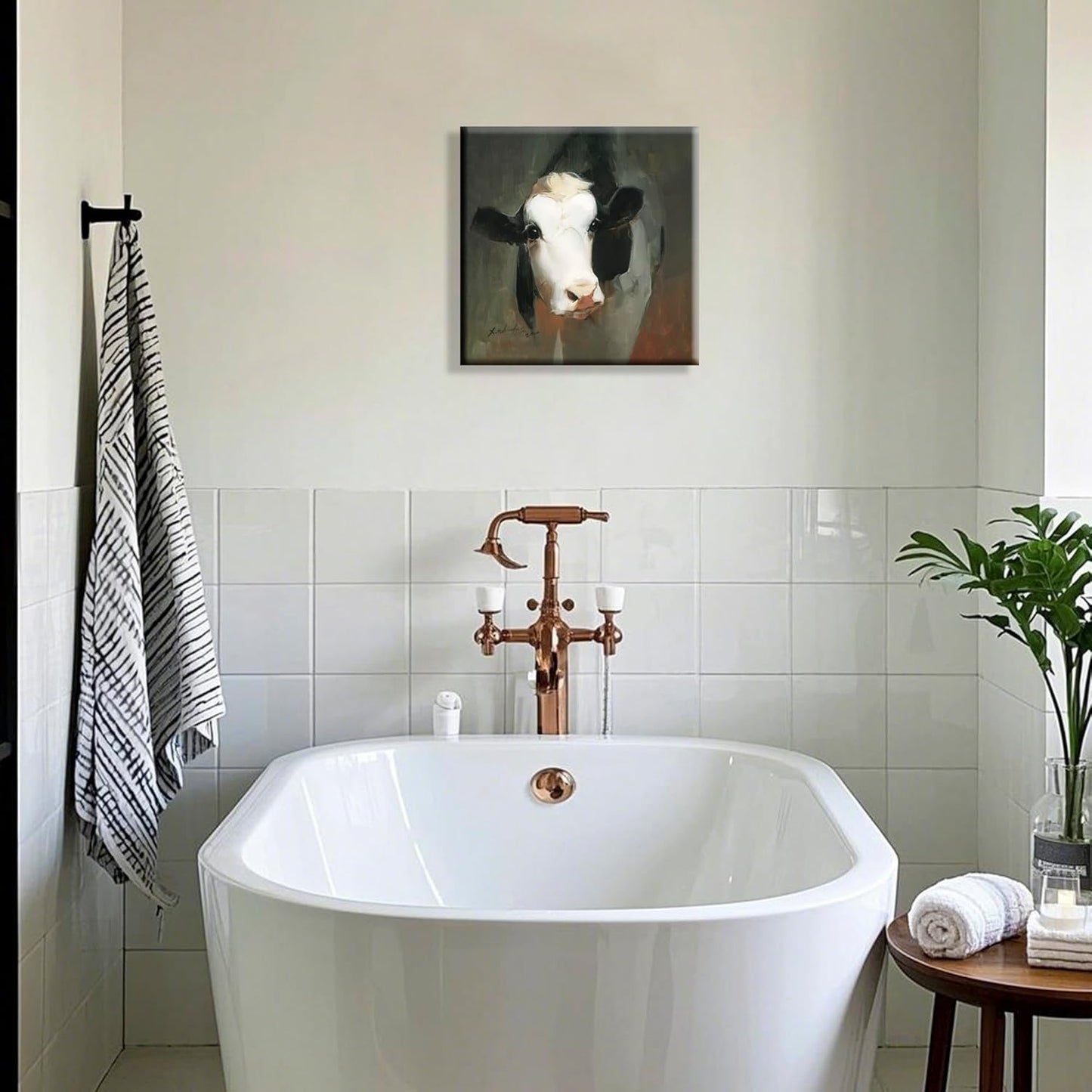 JZLDZS Farmhouse Cow Canvas Wall Art, Rustic Black & White Cow Painting Print, Country Decor for Kitchen Living Room Bathroom Bedroom, Gallery Wrapped 12x12 Inch Framed