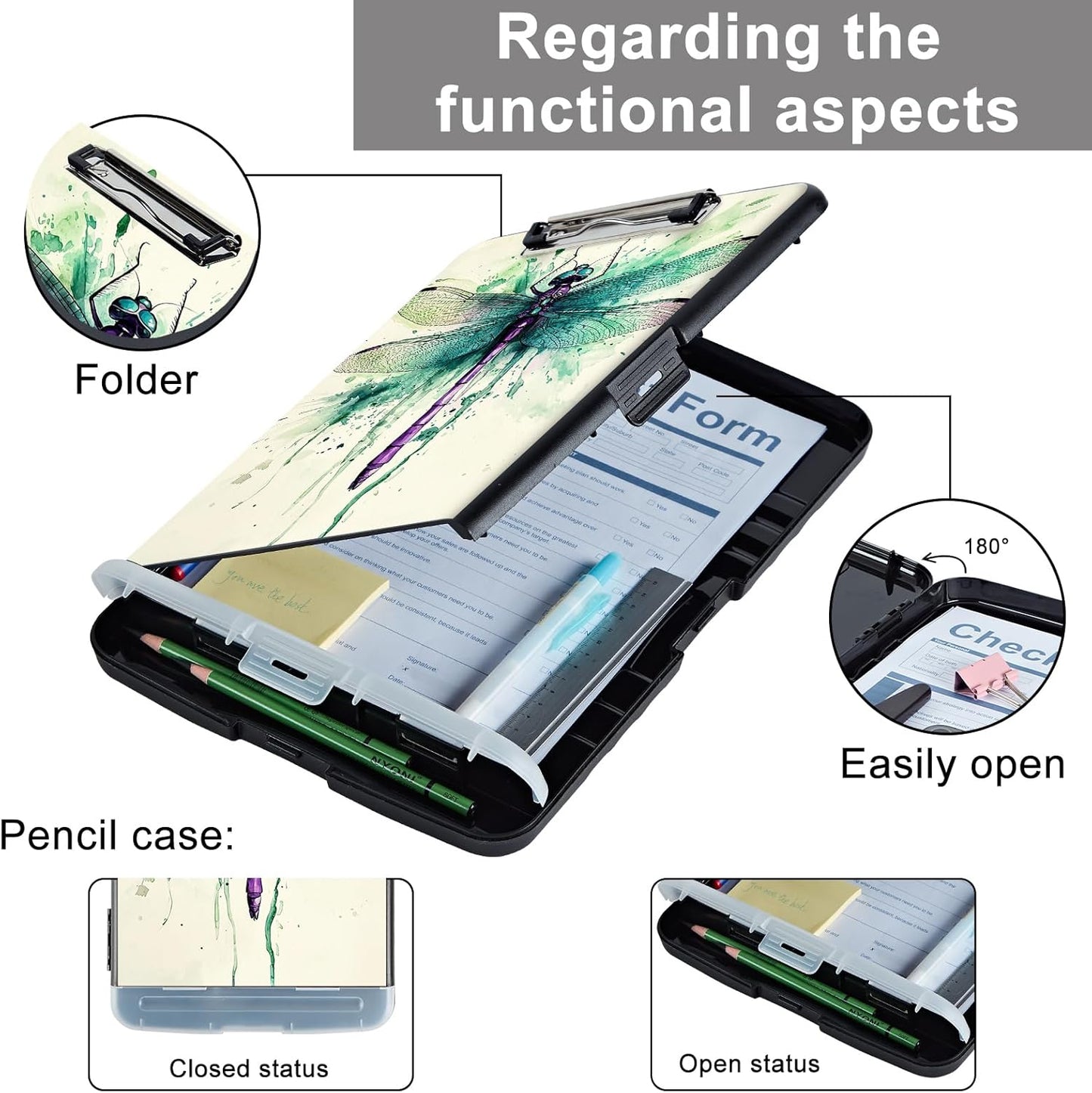 Clipboard with Storage - Large Capacity,Nursing Clipboard with Pen Holder,Heavy Duty,Plastic Side-Opening Folder for Teacher,Nurse - Dragonfly