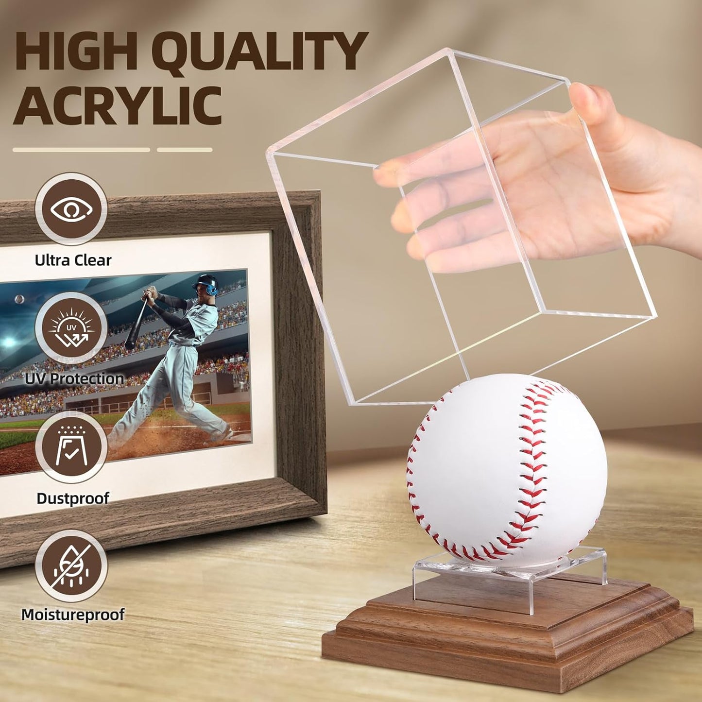 Baseball Display Case Walnut Wood Base Acrylic Baseball Case Display for Balls Uv Protection Baseball Holder Cube Box Stand Memorabilia Autograph Ball, Ideal Gift for Official Size Ball Display