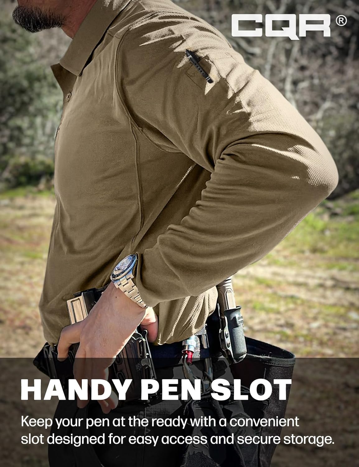 CQR Men's Polo Shirt, Long Sleeve Tactical Shirts, Outdoor UPF 50+ Pique Shirt, Dry Fit Lightweight Golf Shirts