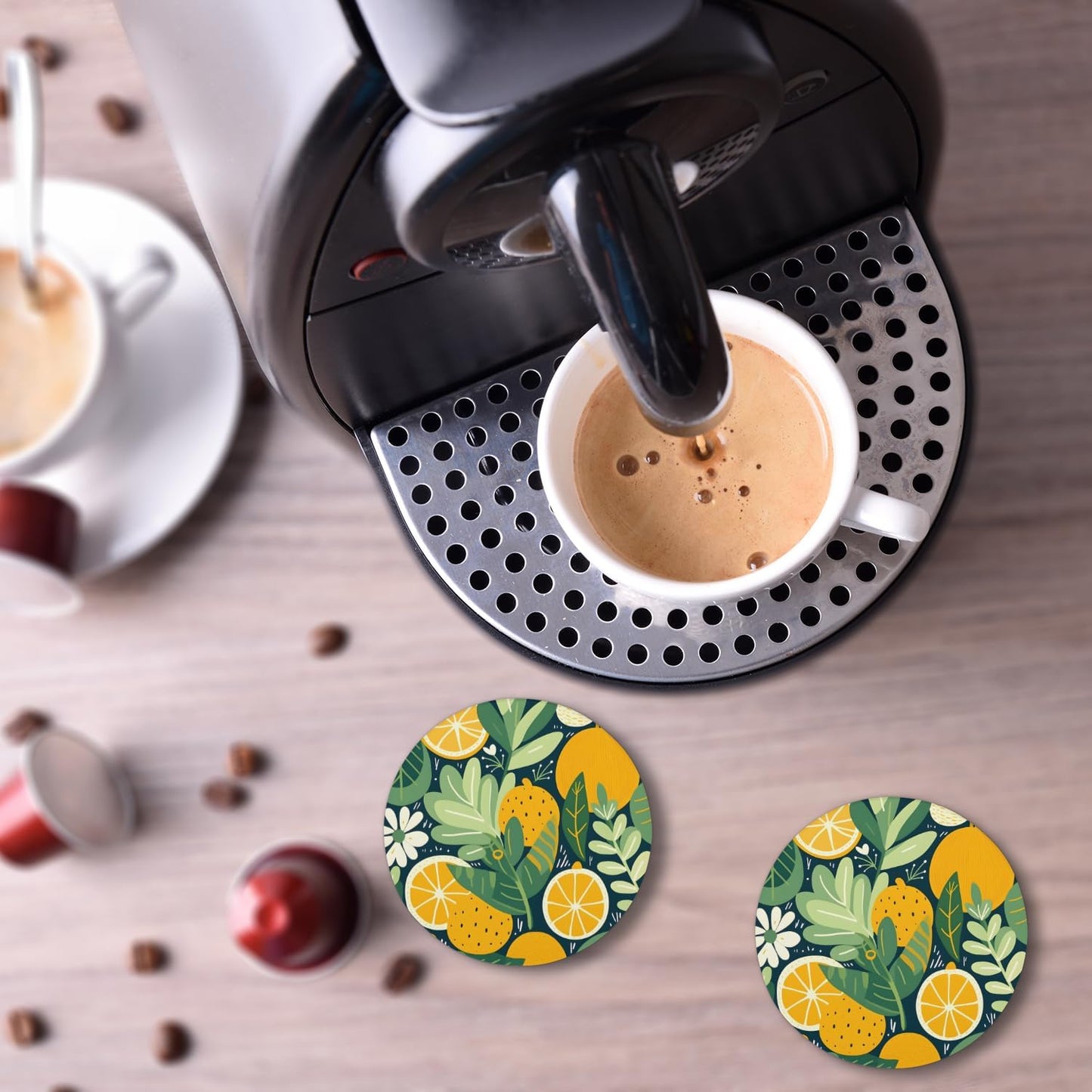 Ceramic Coasters for Drinks with Cork Back, Citrus Greenery 4 Inch Absorbent Coaster Set 2 Pack, Quick Dry Non-Slip Coaster Mats for Home, Office, Bar