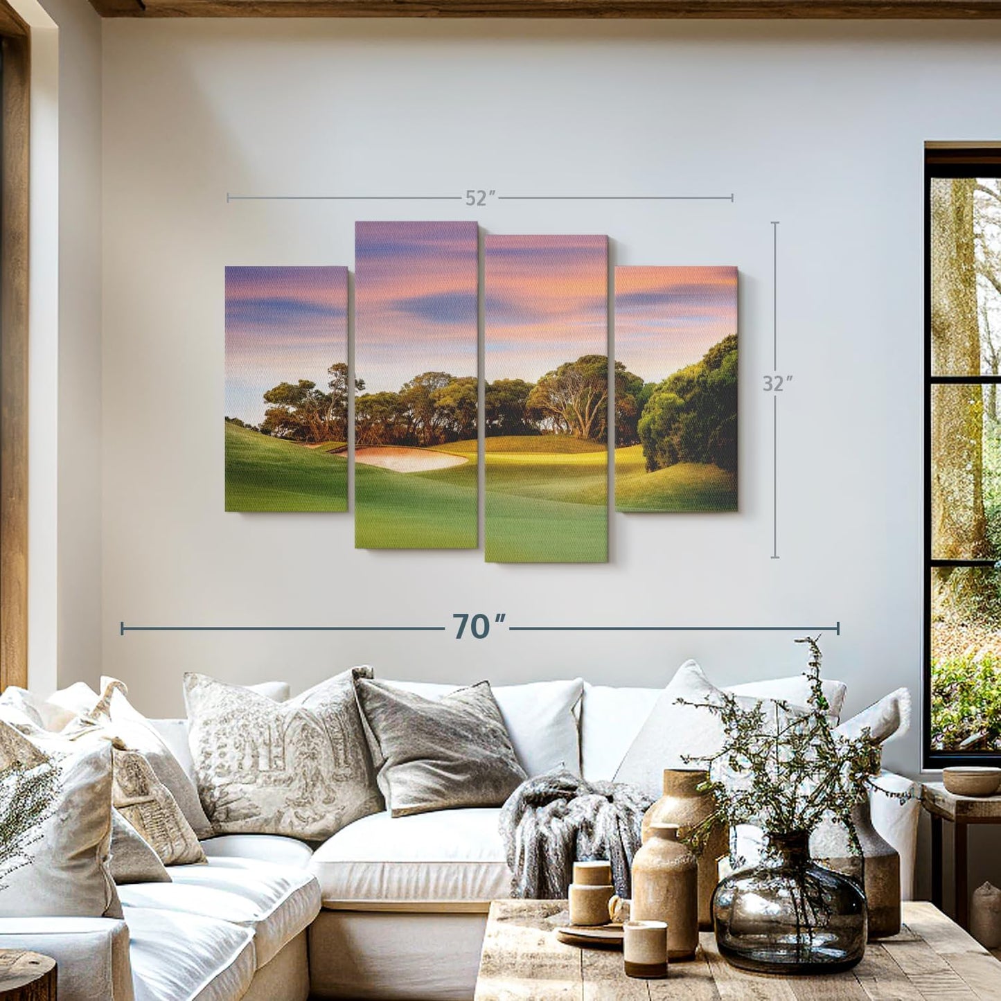 ElephantStock Golf Course Sundown Wall Art - Horizontal Canvas - 4-Piece Living Room Wall Decor - Photography Sports Canvas Print - Orange and Blue Decor for Wall - 52" X 32"