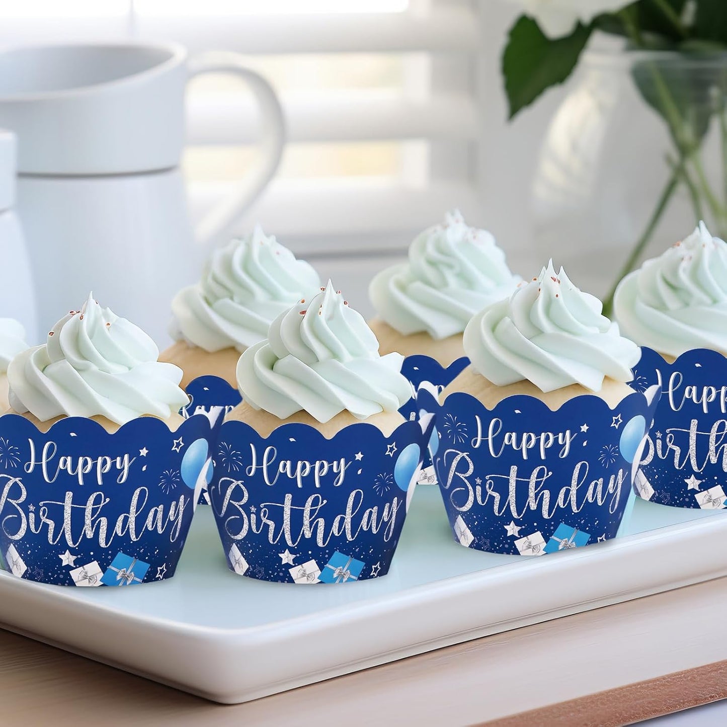Whaline 36Pcs Happy Birthday Cupcake Wrappers Blue Silver Birthday Cupcake Liners Decorative Cupcake Holders for Baby Shower Birthdays Party Cake Decoration