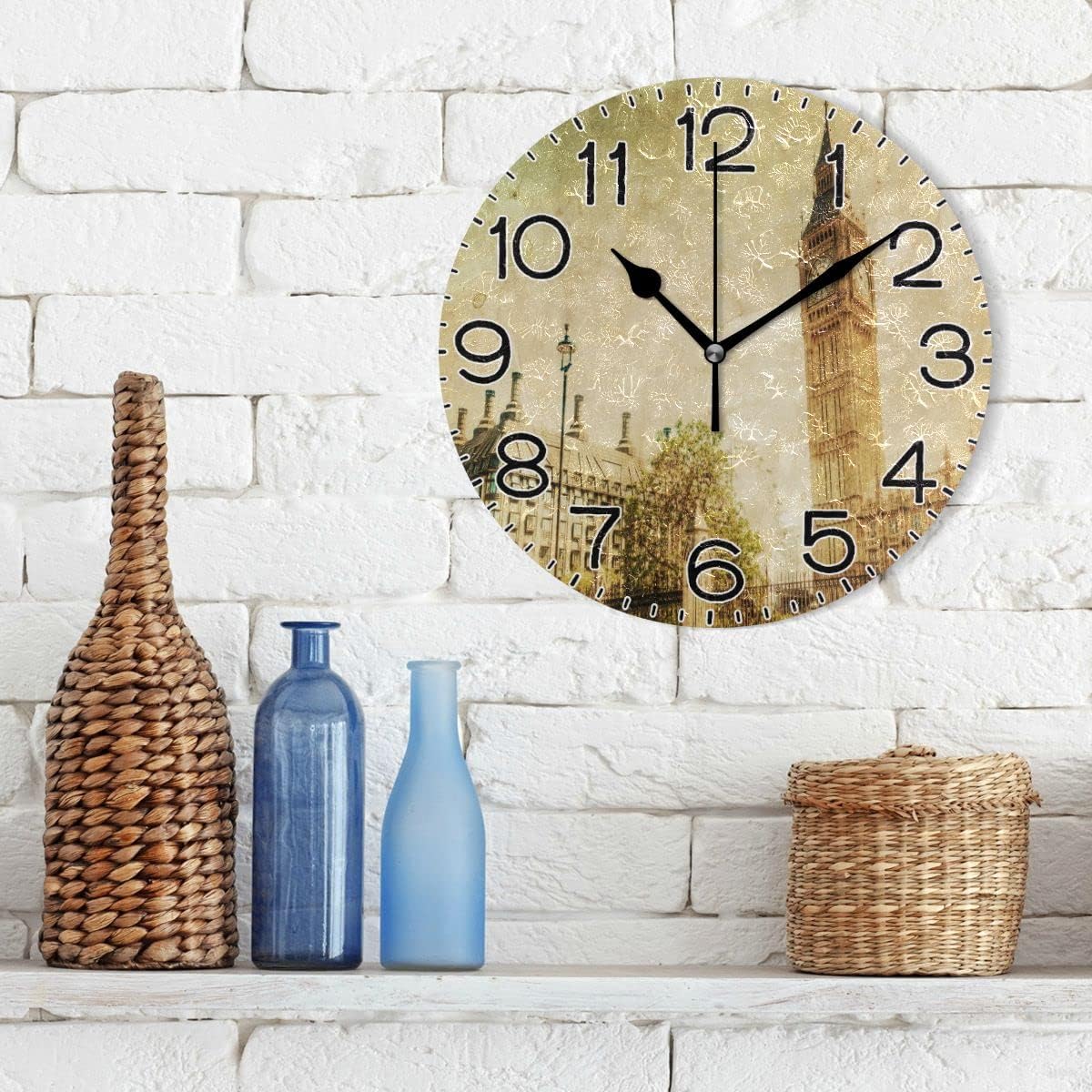 Vintage London with Big Ben Wall Clock Battery Operated Non Ticking Silent Quartz Analog Rustic Farmhouse Round Clock Retro Decor for Home Kitchen Living Room Bathroom