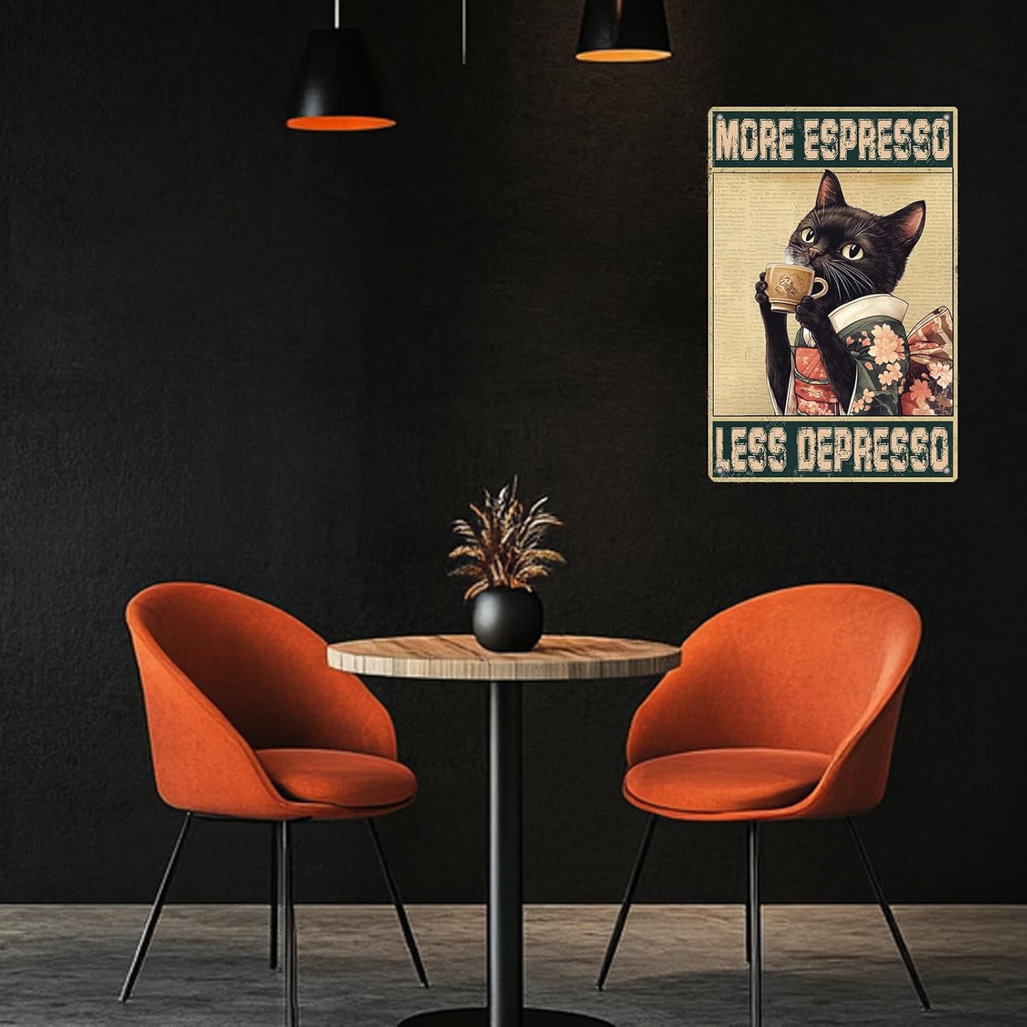 Coffee Cat Metal Posters More Espresso Less Depresso Metal Tin Sign Kimono Cat Bar Pub Sign Poster Home Decor Garage Bar Poster 12x8 Inch