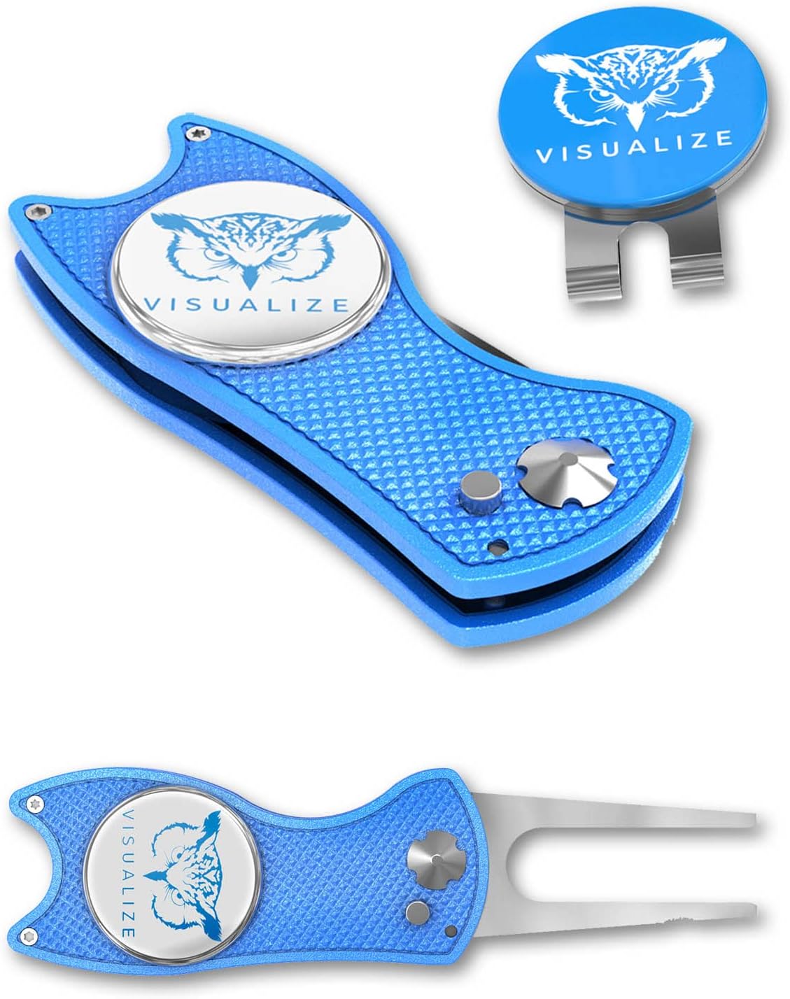 VISUALIZE Elite Switchblade Golf Divot Repair Tool Set with Ball Marker - Sturdy Anodized Aluminum - Perfect Golf Accessory Gift
