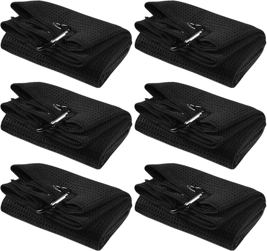 Cindeer 6 Pack Large Golf Towels, 16" x 24" Tri-fold Golf Towels, Microfiber Fabric Waffle Pattern Golfing Towel Portable with Heavy Duty Clip for Golfing Bag Remove Sand Dirt Mud Sweat(Black)