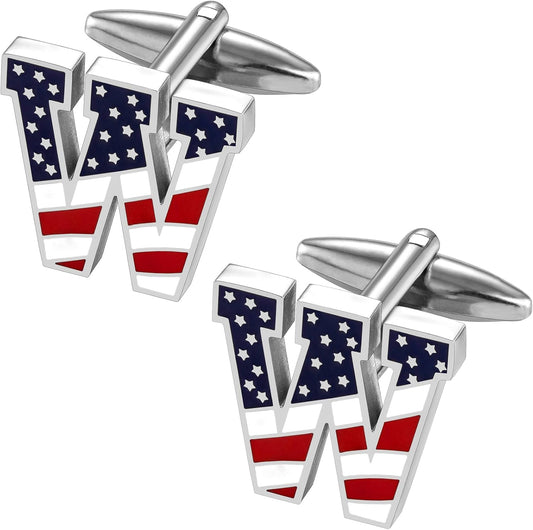 AMITER Initial Cufflinks for Men, American Flag Pattern Cuff Links Men's Shirt Studs Suit Accessories Gift