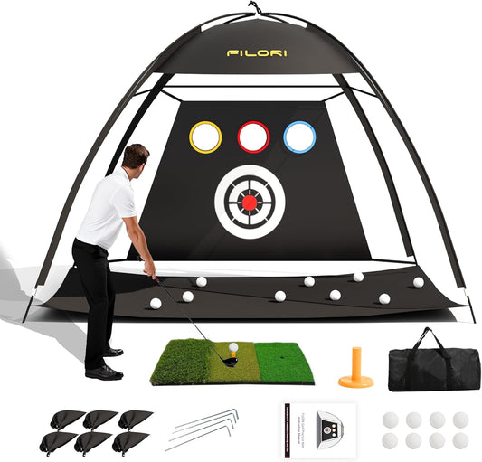 FILORI Golf Practice Net 10x7FT Heavy-Duty Golf Hitting Net with Tri-Turf Mat, 8 Balls, Tee & Carry Bag, Indoor/Outdoor Backyard Training for Driving Chipping Swing, Ideal Gifts for Men Dad Golfer