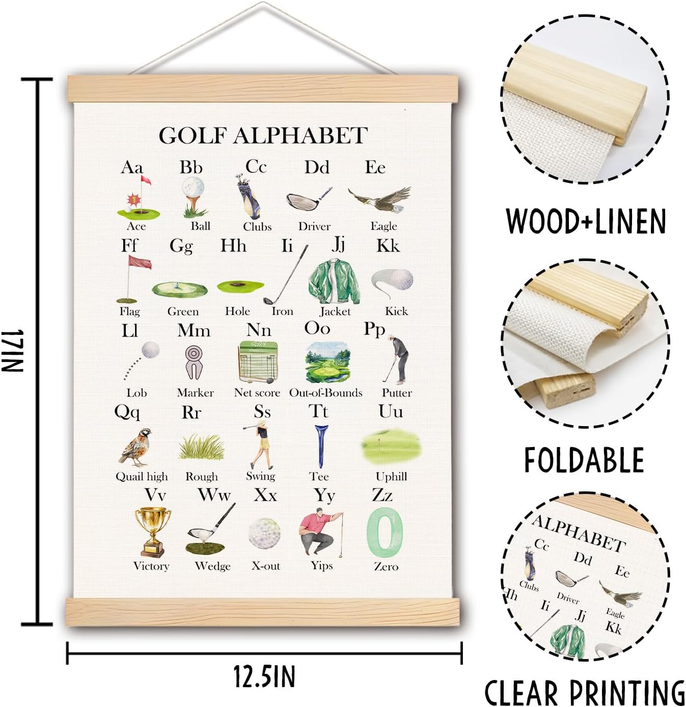 pouep Golf Alphabet Nursery Wall Art Poster, Golf Room Decor, Golfer Golfing ABC Alphabet Educational Canvas Prints Wall Decor for Kids Toddler Boys Bedroom Dorm Nursery, 12x16 Inches