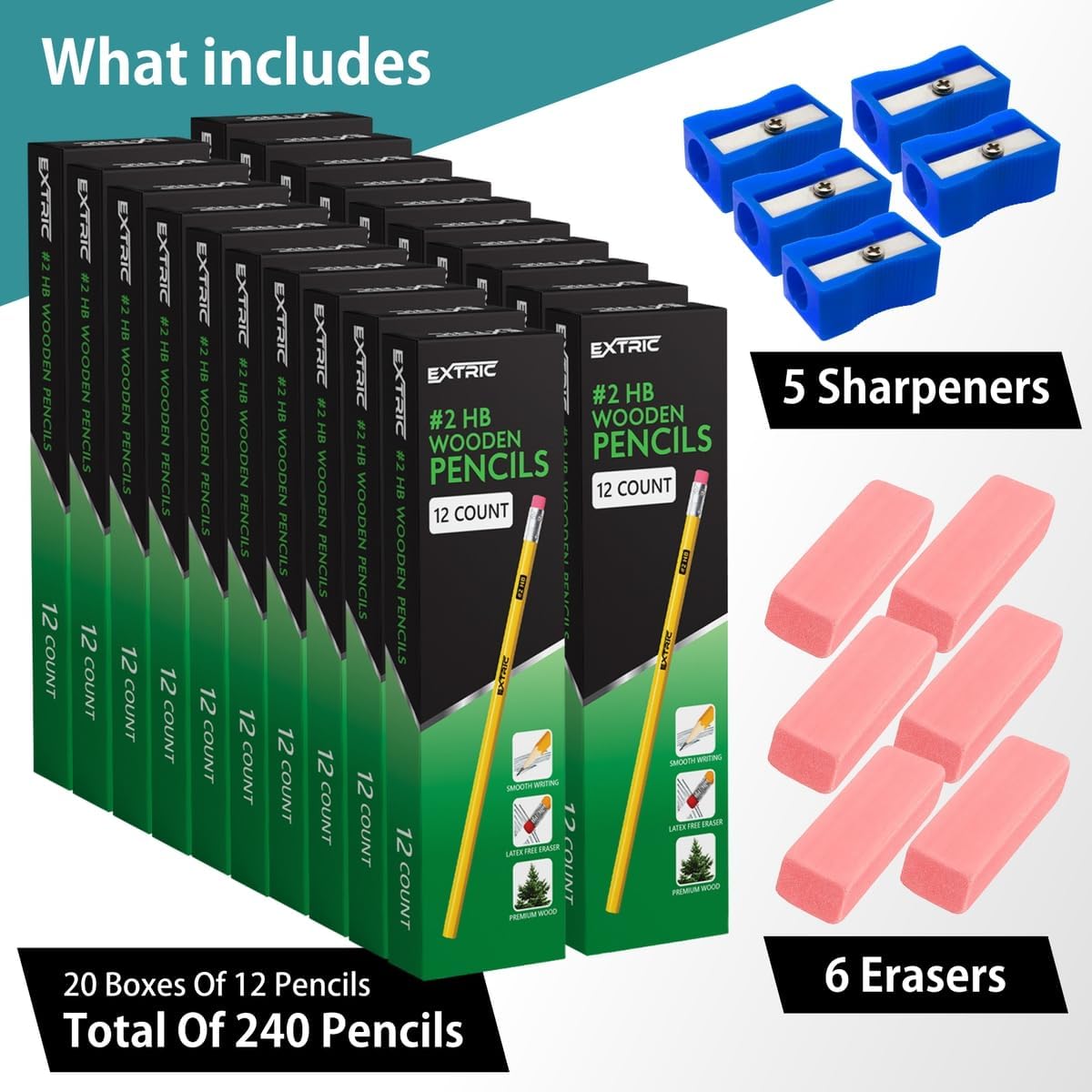 EXTRIC Wood-Cased Pencils HB #2, 240 Count Yellow Pencils with Top Eraser, Unsharpened, Hexagonal Grip, Bulk Pack for School, Office and Teacher Supplies