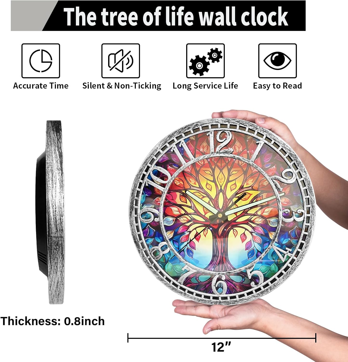 Tree of Life Wall Clock 12inch Silent Movement Clock Precise Timekeeping Wall Clock Ideal for Living Rooms Bedrooms Offices for Home Decor Enthusiasts Antique Silver