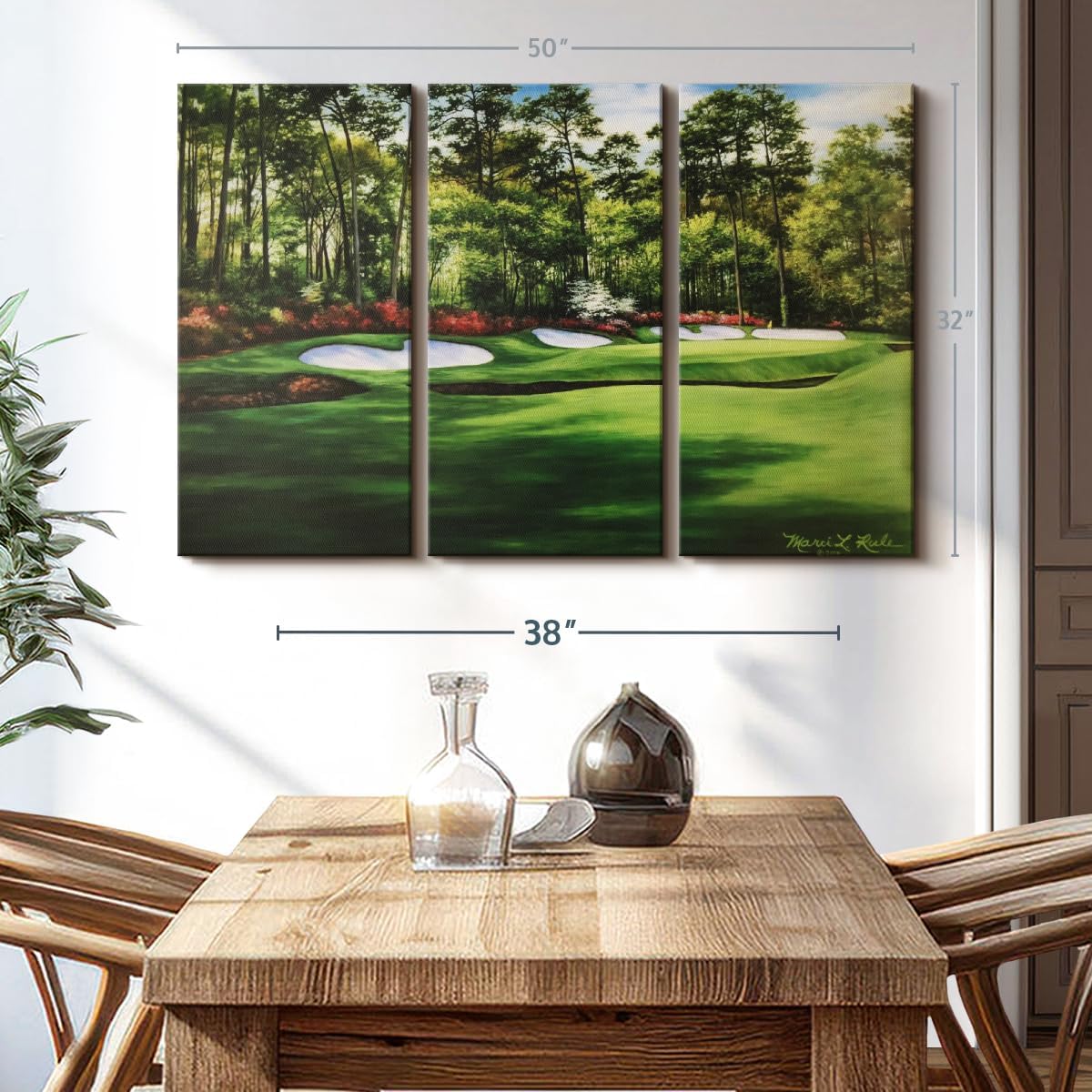 ElephantStock Augusta National 13th Hole I Wall Art - Horizontal Canvas - 3-Piece Living Room Wall Decor - Painting Sports Canvas Print - Green and Red Decor for Wall by Marci Rule - 50" X 32"