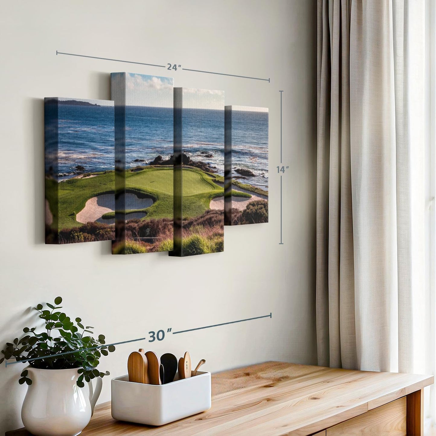 Elephant Stock California Coastline Golf Course Wall Art - Horizontal Canvas - 4-Piece Living Room Wall Decor - Photography Sports Canvas Print - Brown and Beige Decor for Wall - 24" X 14"