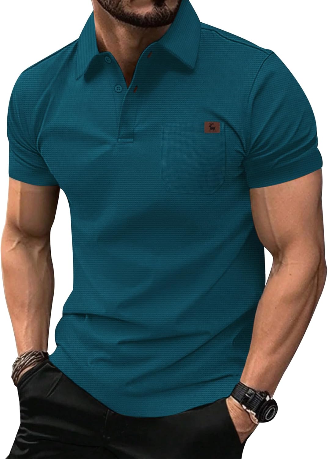 GEEK LIGHTING Mens Waffle Texture Polo Shirts Short Sleeve Casual T-Shirts Moisture Wicking Collared Golf Shirt with Pocket