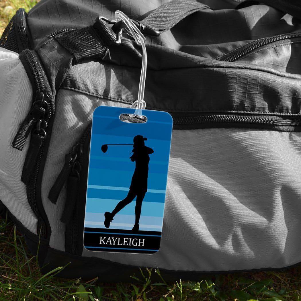 ChalkTalkSPORTS Golf Luggage & Bag Tag | Personalized Female Golfer | Standard Lines on Back | Large | Blue