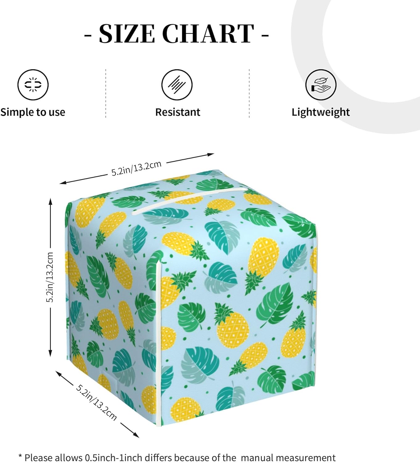 Pineapple and Tropical Leaves Tissue Box Cover Leather Tissue Box Holder Square Facial Paper Organizer Dispenser for Bathroom Kitchen Bedroom Vanity Countertop Night Stands