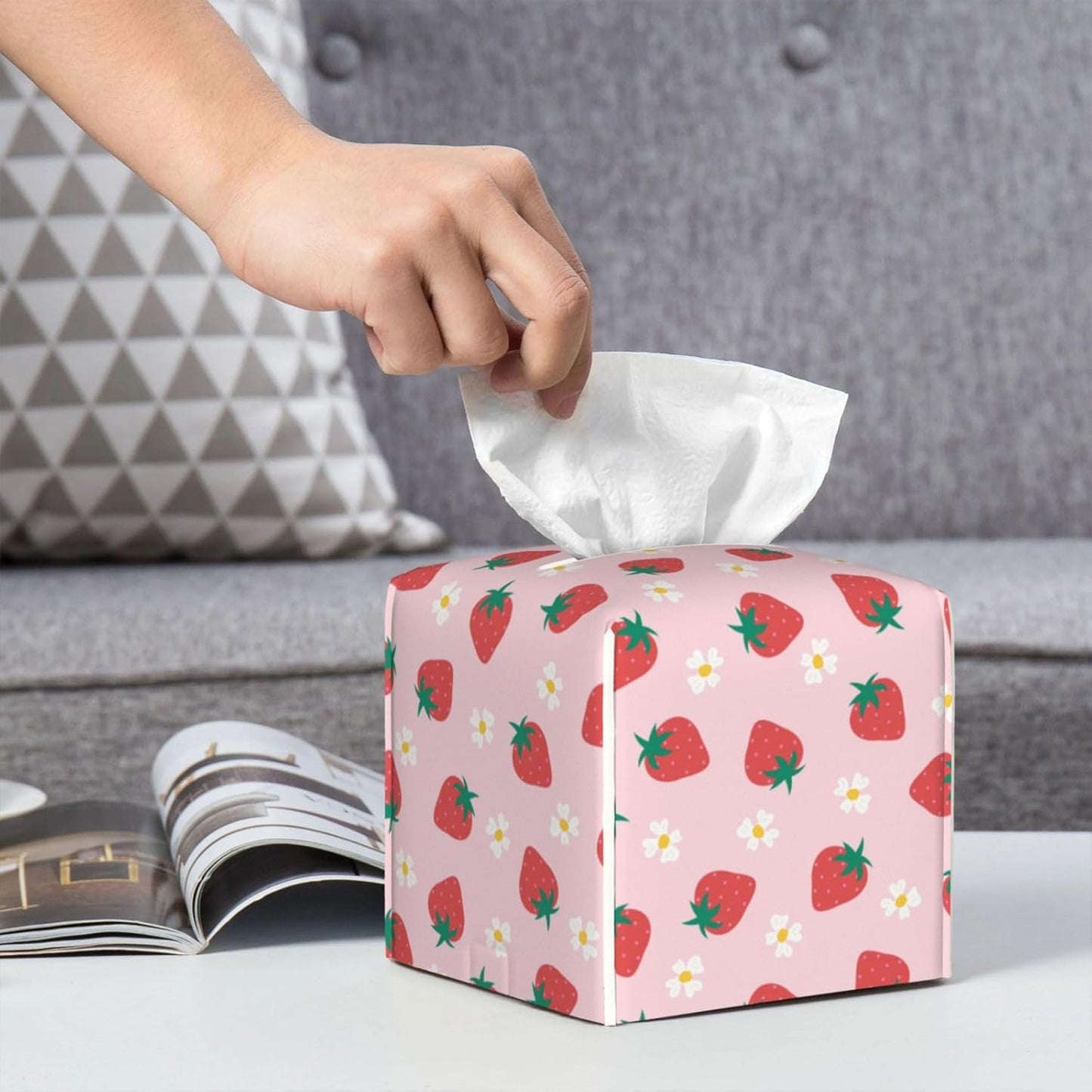 Strawberry Tissue Box Holder Paper Organizer, PU Leather Tissue Case Cover, Strawberry Decor for Bathroom, Kitchen, Car