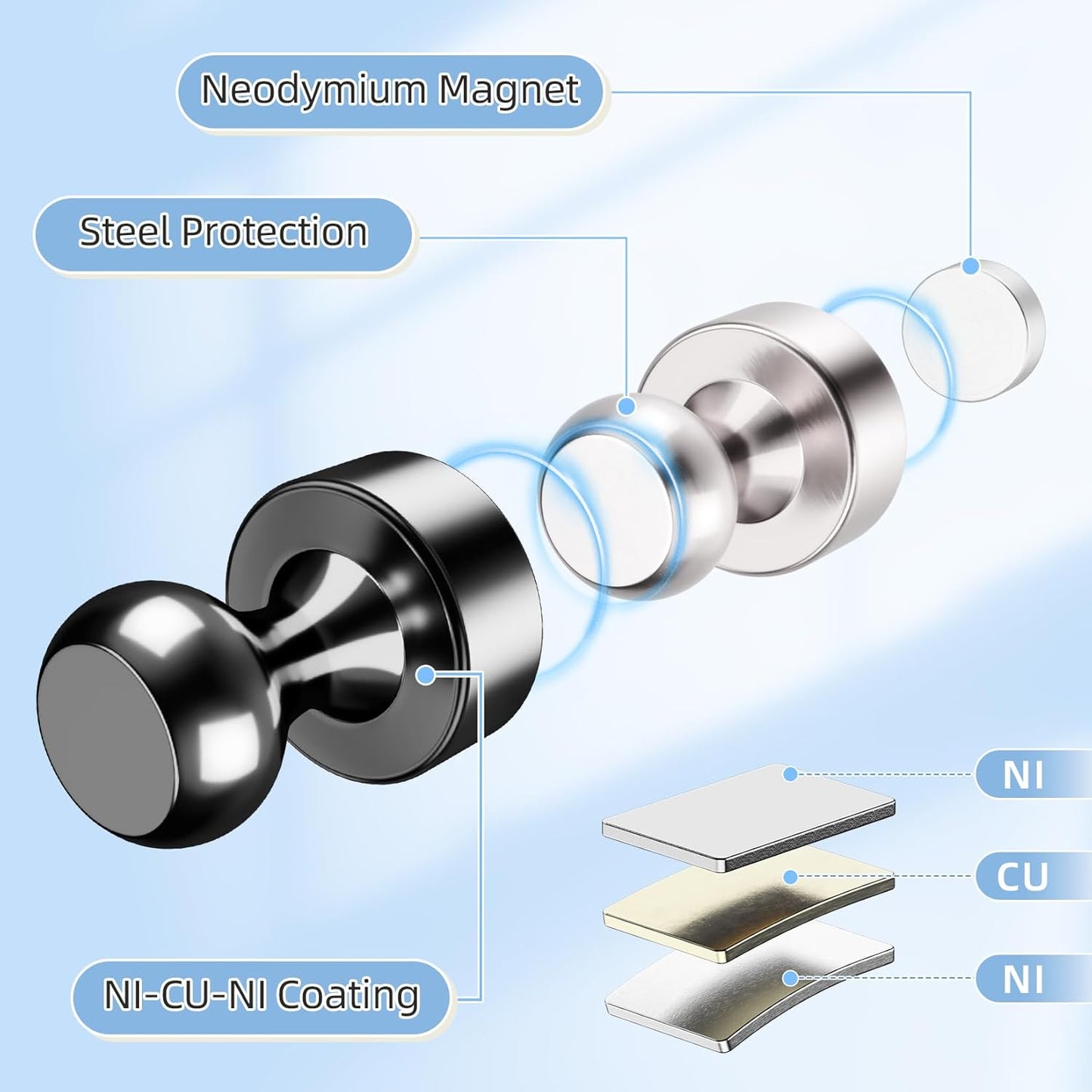 FINDMAG 16 Pack Magnetic Push Pins, Strong Fridge Magnets, Dry Erase Magnets for Whiteboard, Office, Locker Accessories, Classroom and Kitchen