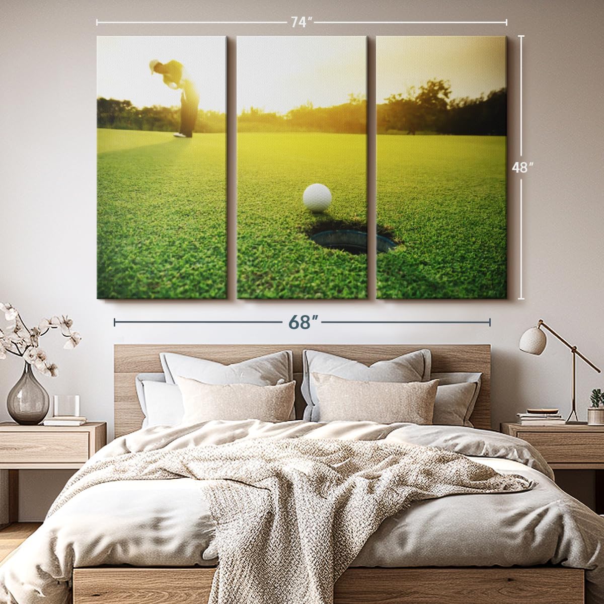 ElephantStock Golf Ball Strike Wall Art - Horizontal Canvas - 3-Piece Living Room Wall Decor - Photography Sports Canvas Print - Green and White Decor for Wall - 74" X 48"