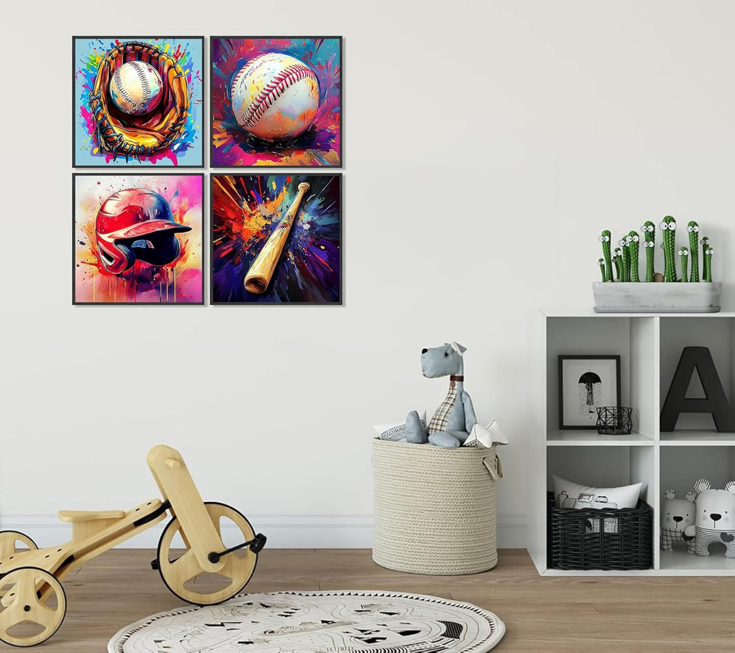 4Pcs Baseball Wall Art Boys Room Rustic Baseball American Football Painting Picture Wall Decor Modern Graffiti Poster Print Artwork for Man Cave Man Bedroom Living room Playroom Home Decoration