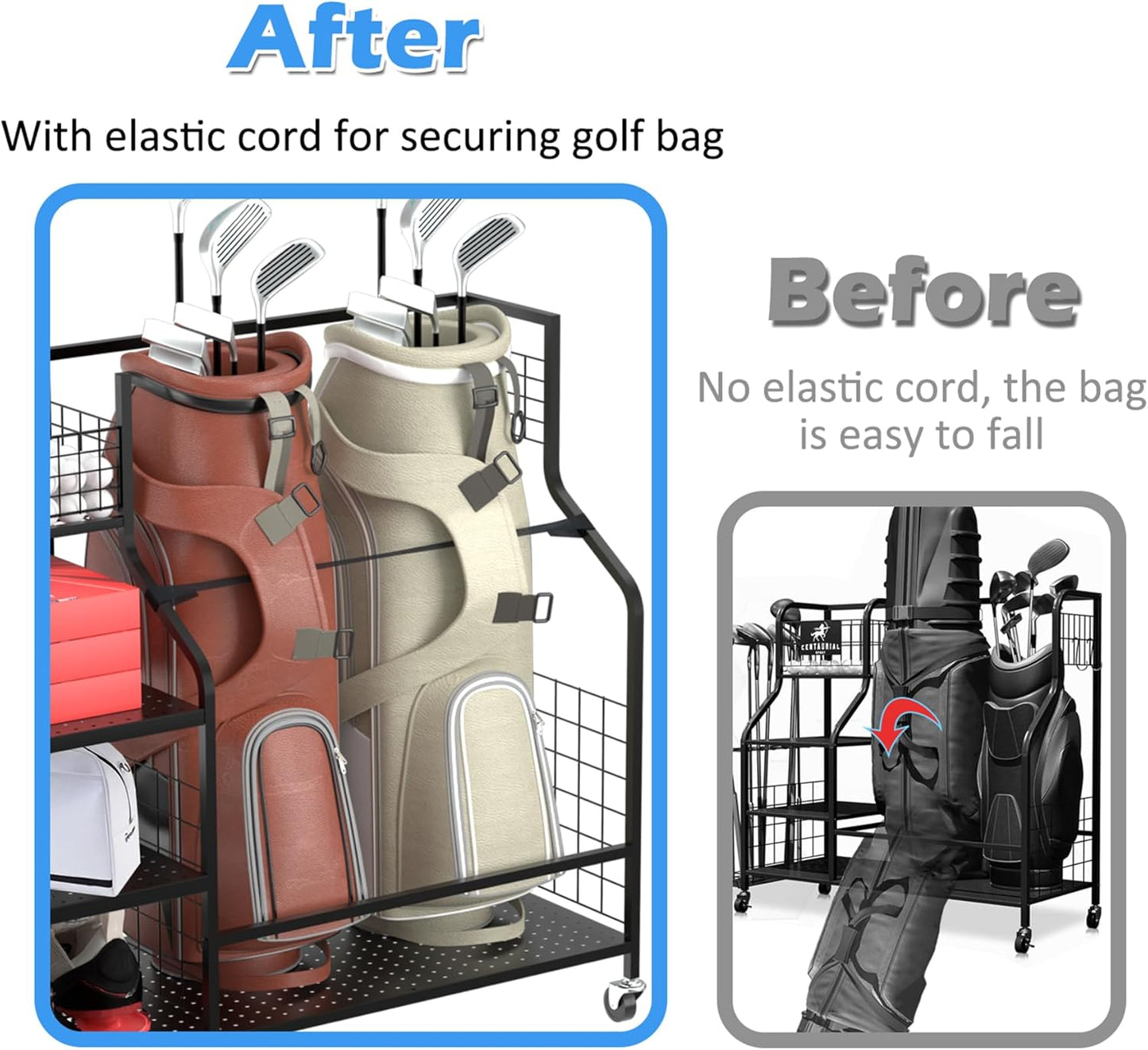 Golf Storage Rack Golf Bag Organizer for Garage, Golf Club Holder Extra Large Golf Bag Stand for 2 Golf Bags、Golf Equipment Accessories