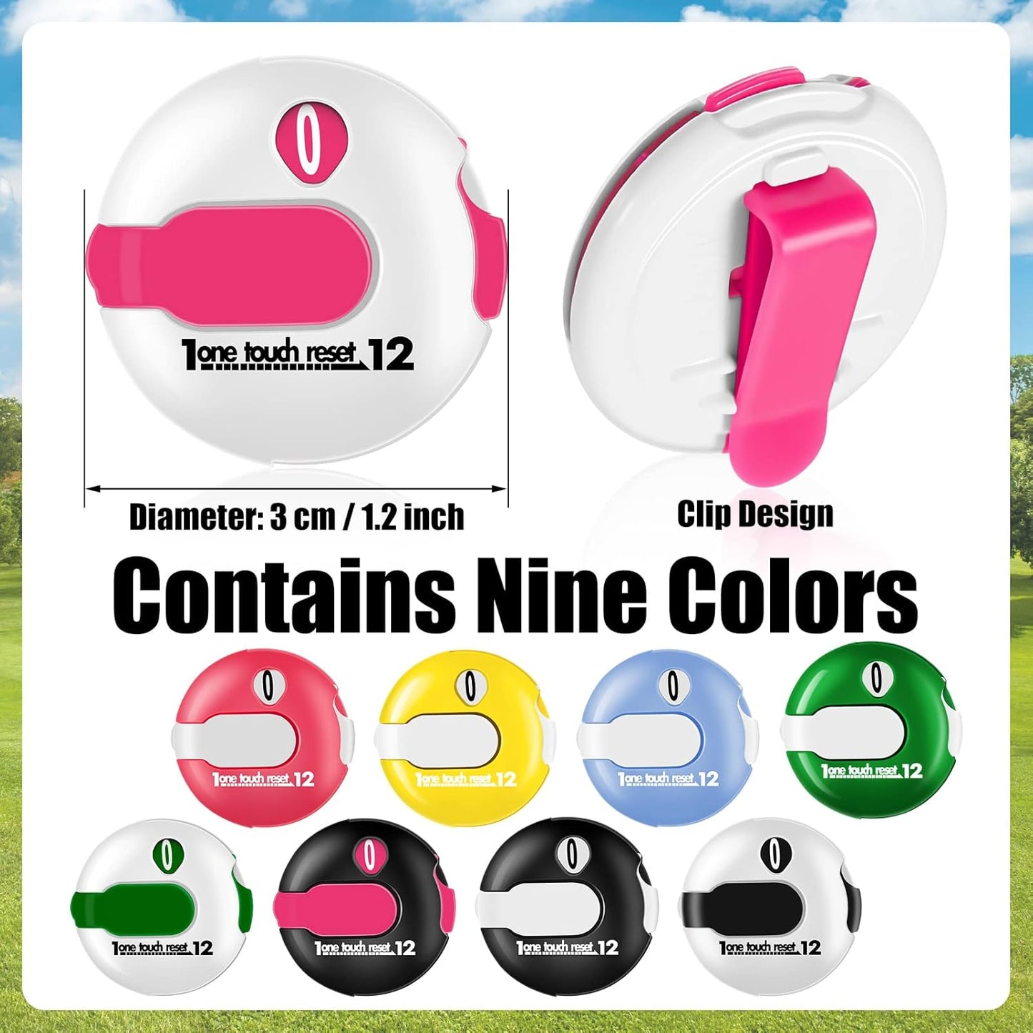 9 Pcs Golf Score Counter Mini Golf Stroke Counter Clicker Accessories for Women Men Scoring Keeper with Touch Reset and Clip Attachment to Scorekeeper Glove, 1.2 in