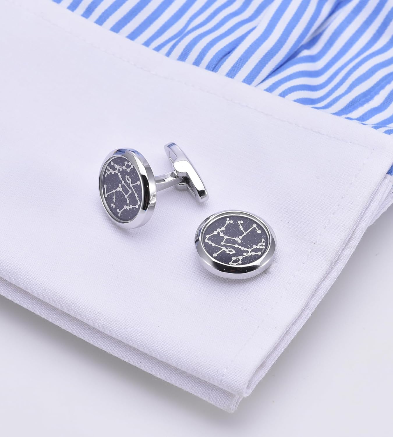 Sky Constellation Pattern Round Men's Cufflinks In Gift Case Sparkling Blue Goldstone Cufflinks for Men Jewelry for Wedding Party Business Birthday Anniversary Dress