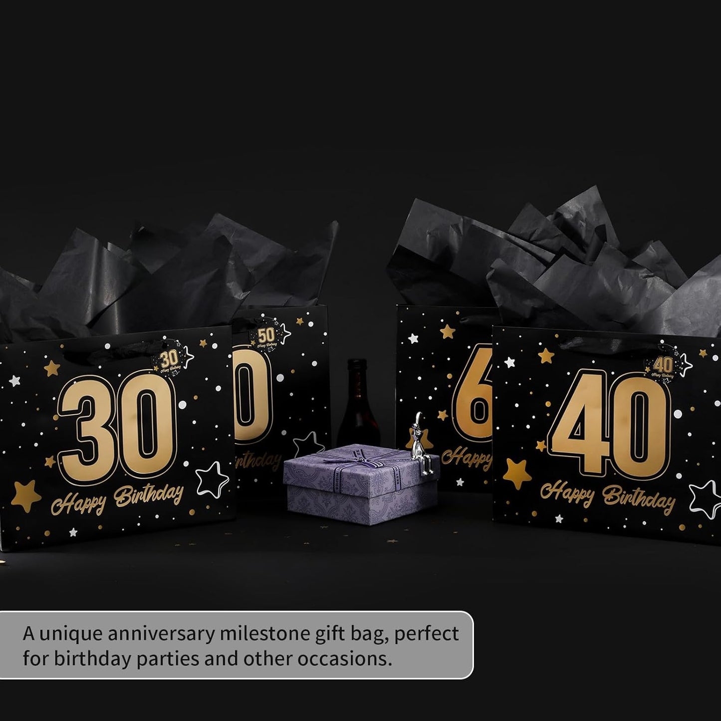 Powbrace 13" Black Happy Birthday Gift Bag with Tissue Paper and Greeting Card for Party,Happy Birthday Gift Bag for Men Women,Gift Bags Medium size(1 Black 30th)