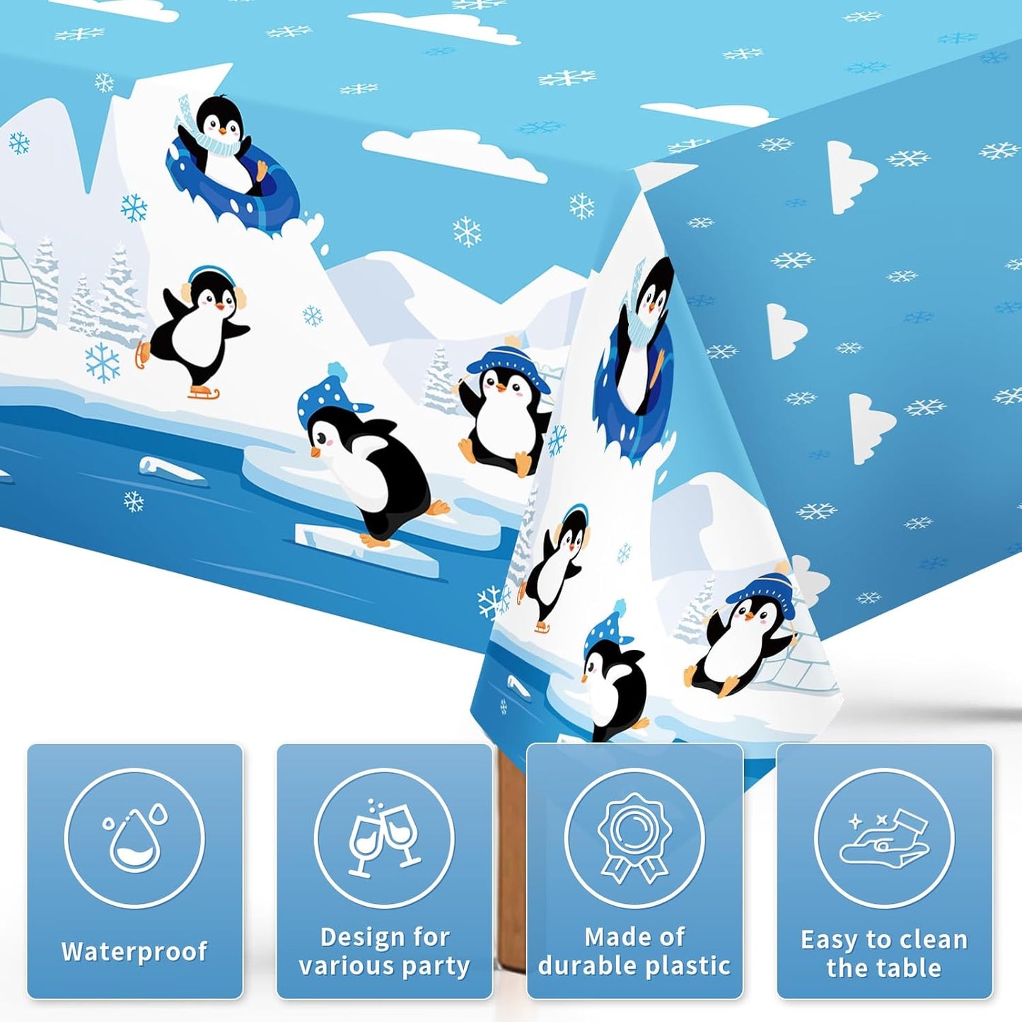 3 Pcs Penguin Birthday Tablecloth Winter Penguin Themed Table Cover Plastic Rectangle Cute Cartoon Animal Table Cloth for Kids Birthday Baby Shower Dinner Party Decorations Supplies 54" x 108"