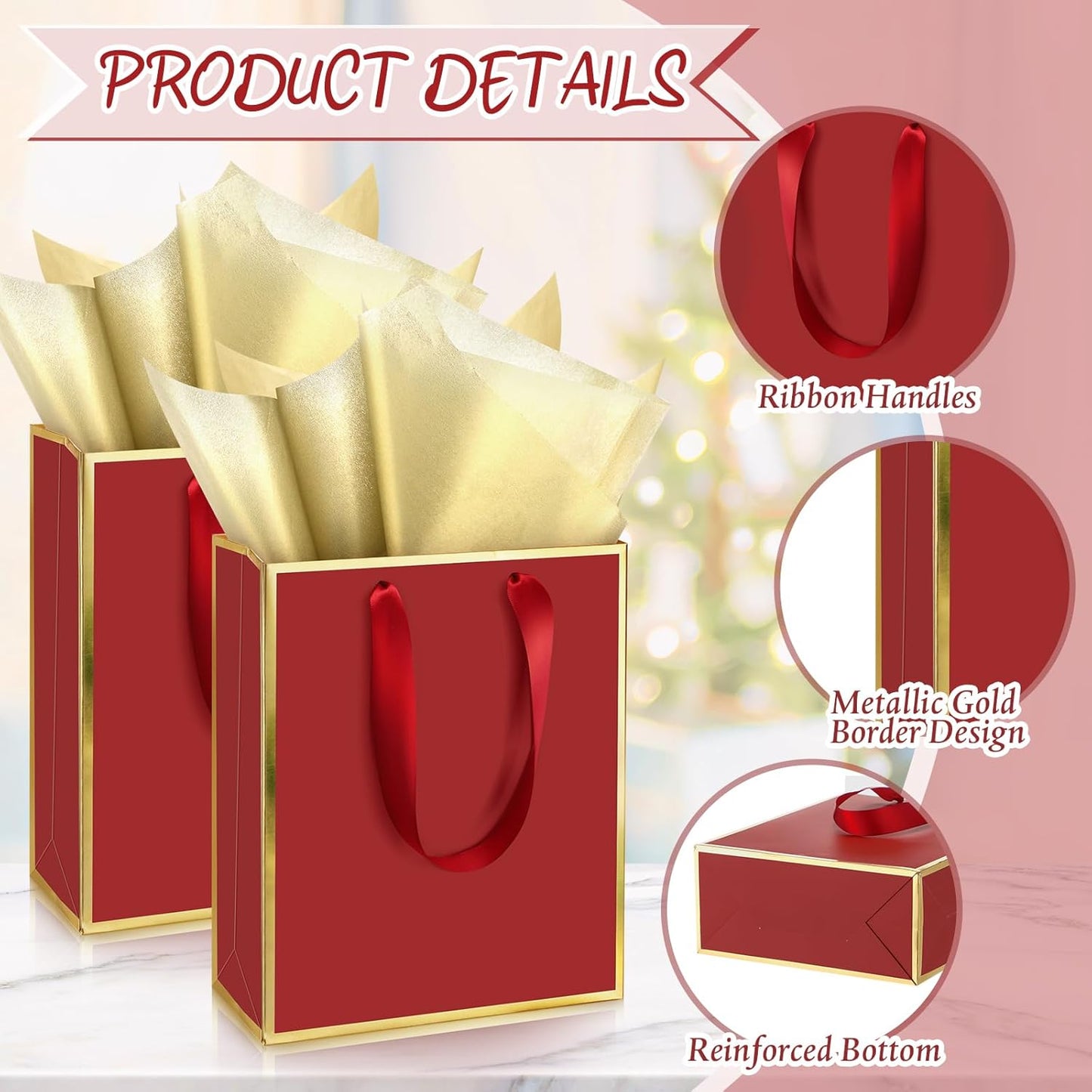 Yeaqee 24 Pack Metallic Paper Gift Bags with Handle and Tissue 9x7x3.1 Gold Foil Welcome Favor Bags Return Gifts for Wedding Fall 5 Senses Christmas Bridesmaid Birthday(Burgundy Red and Gold)