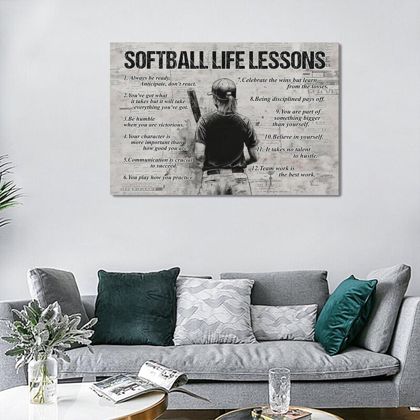 Softball Sports Wall Art Softball Life Lessons Wall Decor Softball Sign Retro Poster Boy Girls Men Room Motivational Decorations Canvas Print Painting Artwork for Bedroom Bathroom Living Room 24"x16"